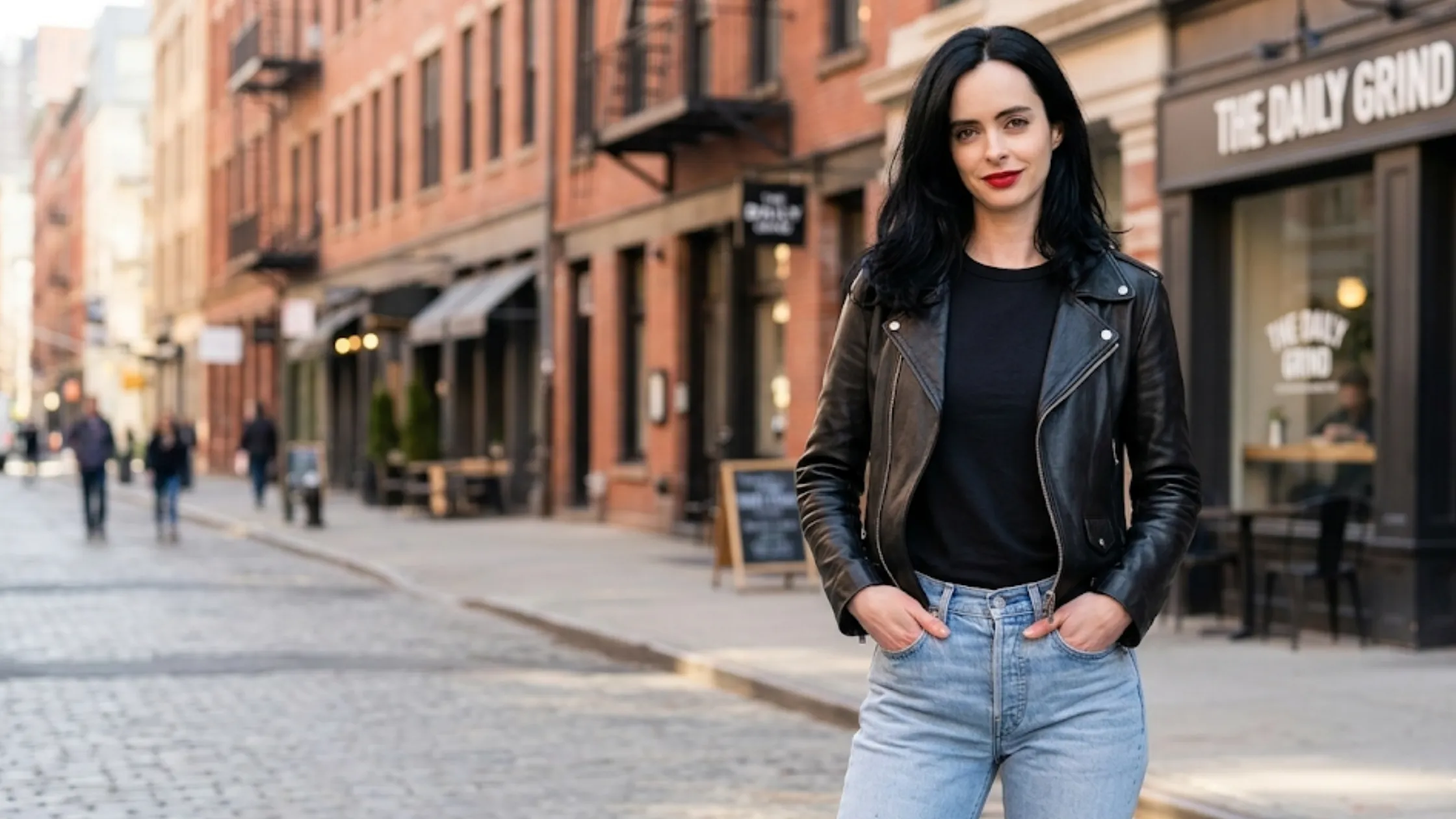 Krysten Ritter Daredevil Born Again black biker leather jacket with asymmetrical zip, snap lapels, and slim-fit moto design