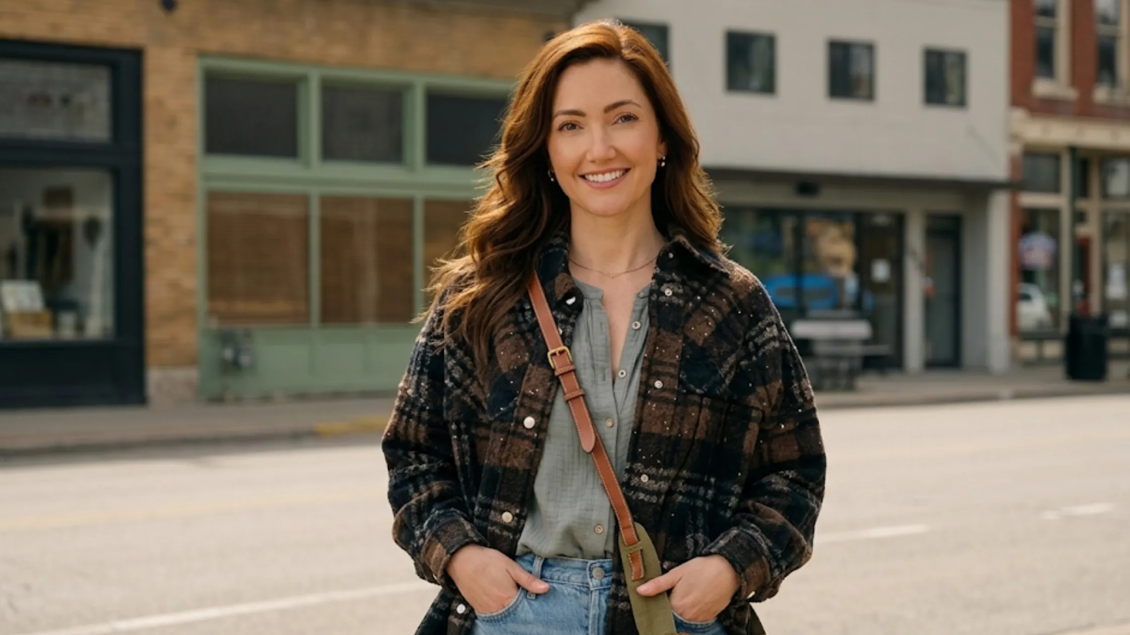 Minka Kelly Ransom Canyon 2025 plaid shacket with textured tweed fabric, snap-button front, and Western-inspired rustic design