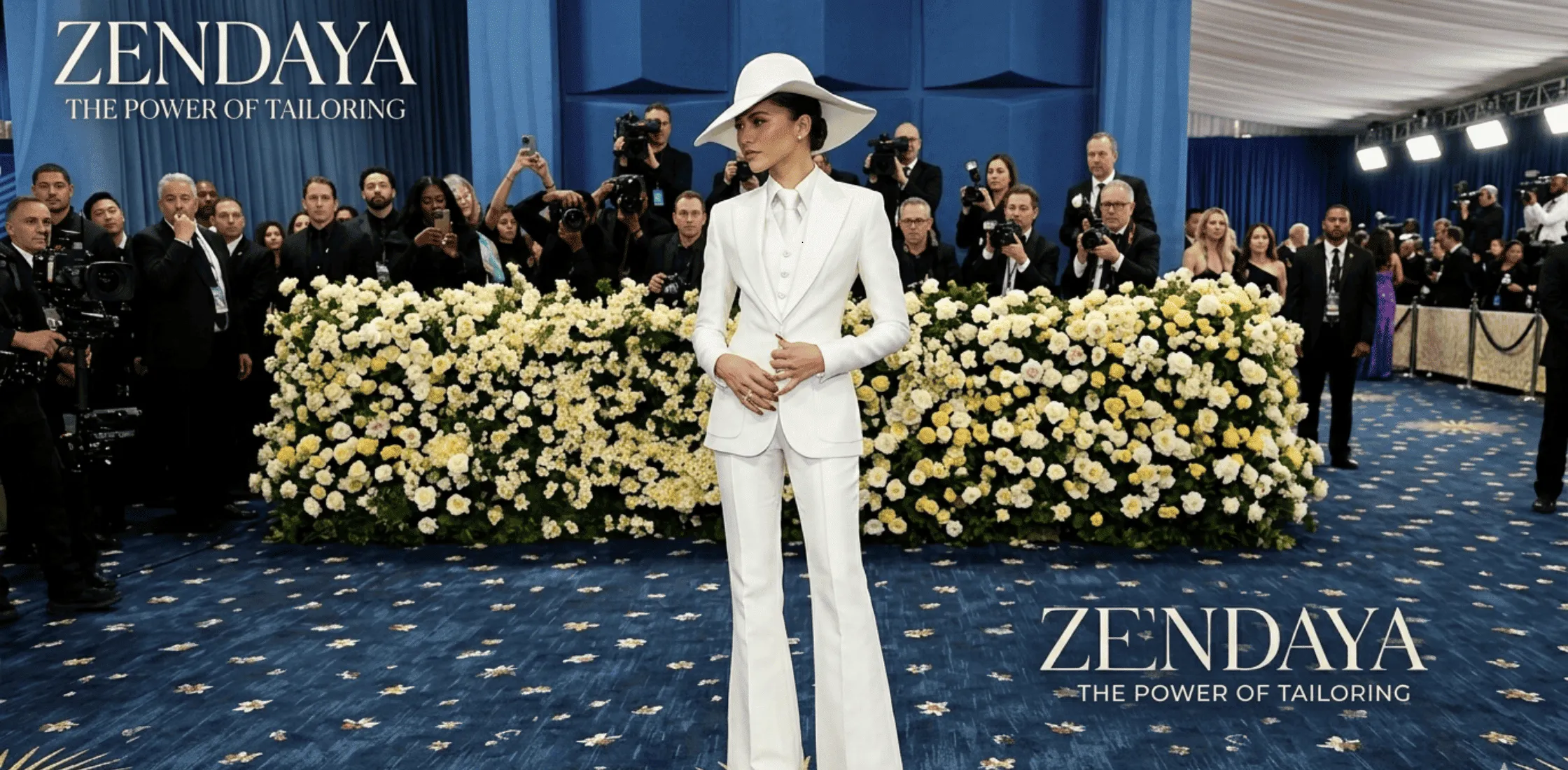 Zendaya-inspired white three-piece tailored suit with structured blazer, waistcoat, crisp white shirt, matching trousers, and wide-brim hat, styled for red carpet fashion elegance