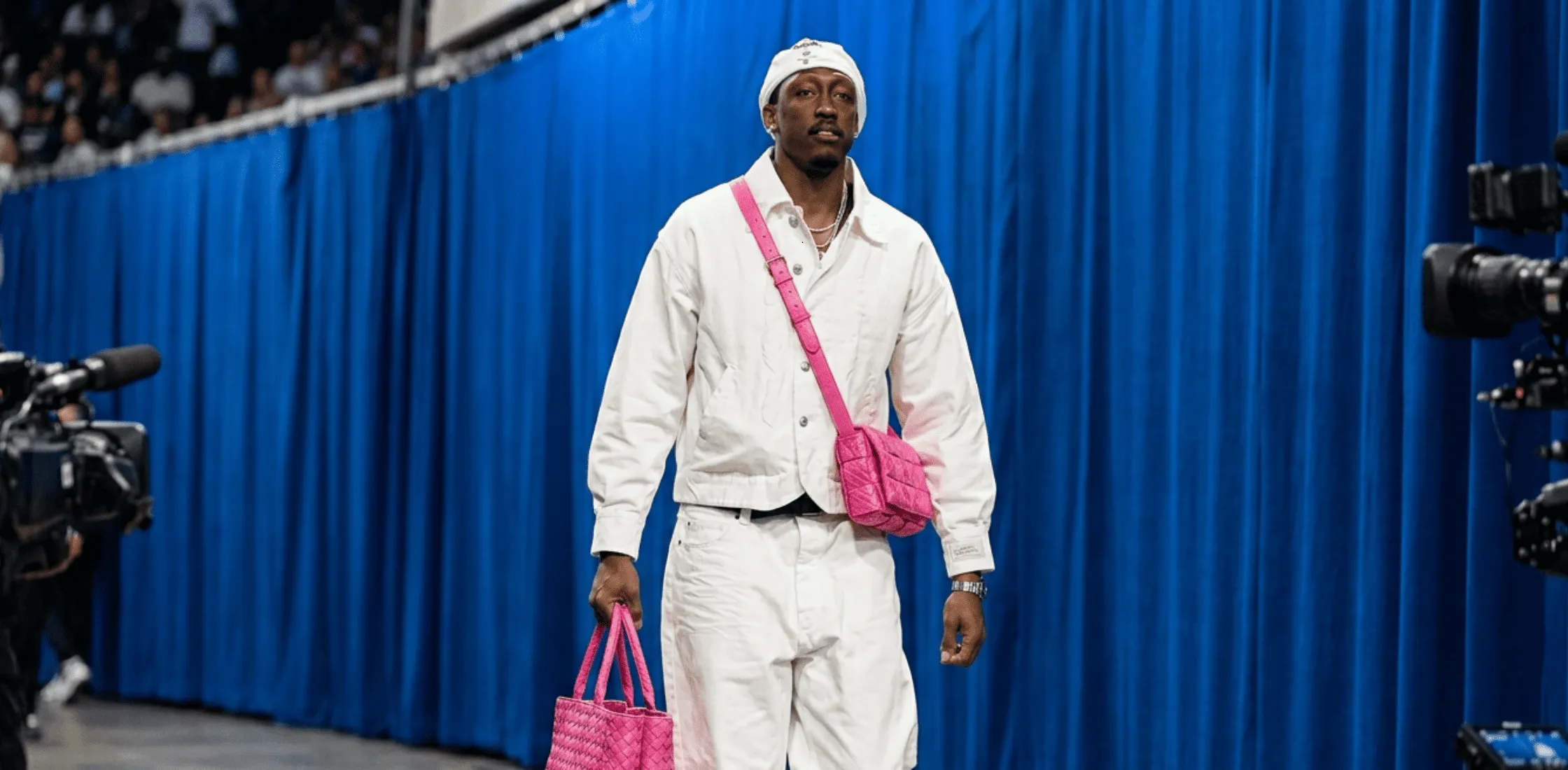 Jalen Williams wearing the Utah Jazz vs Oklahoma City Thunder white boxy cropped denim trucker jacket with oversized streetwear styling and embroidered detailing.