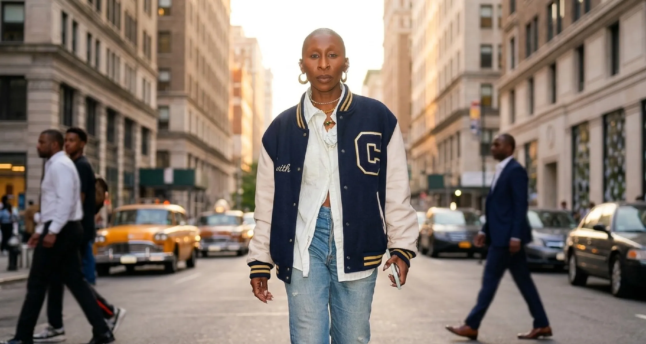 Cynthia Erivo wearing navy blue varsity letterman jacket with white leather sleeves and yellow chenille C patch in NYC 2025 streetwear style