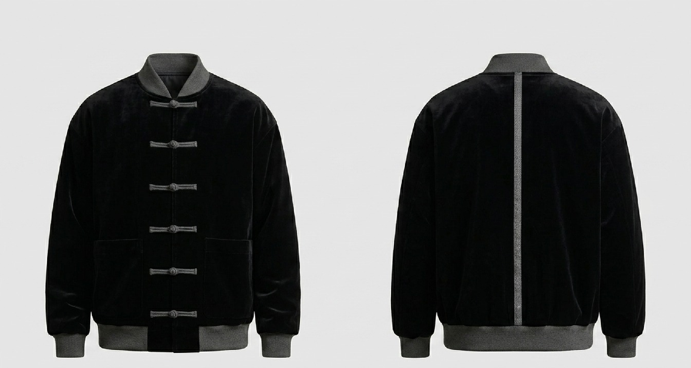 CLOT black velvet bomber jacket with Mandarin collar and traditional Chinese frog button closures styled for modern streetwear