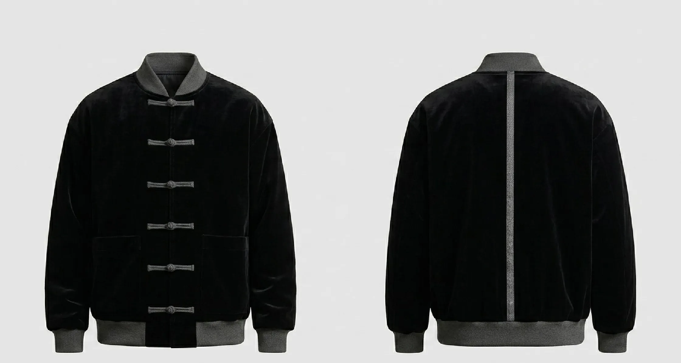 CLOT black velvet bomber jacket with Mandarin collar and traditional Chinese frog button closures styled for modern streetwear