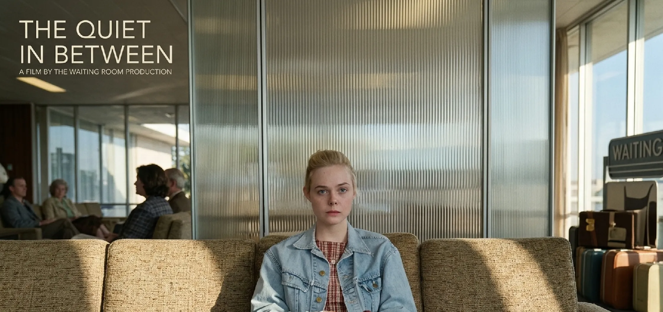 Elle Fanning-inspired oversized light-wash vintage denim jacket with frayed collar, brass buttons, and distressed details styled in a bold retro fashion look