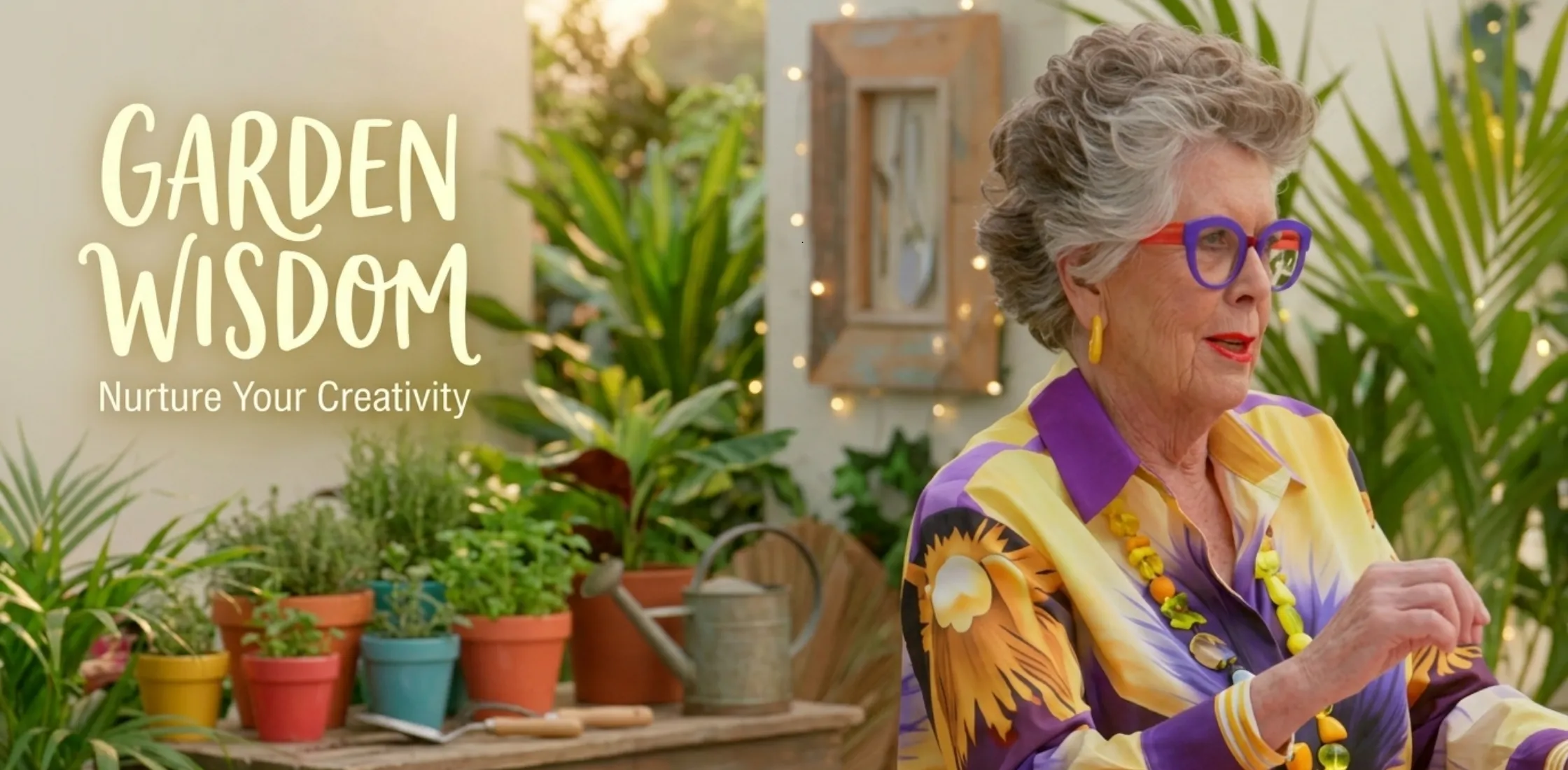 Prue Leith-inspired yellow and purple oversized floral print blouse from Great British Bake Off S16 featuring bold pansy botanical pattern and relaxed silhouette