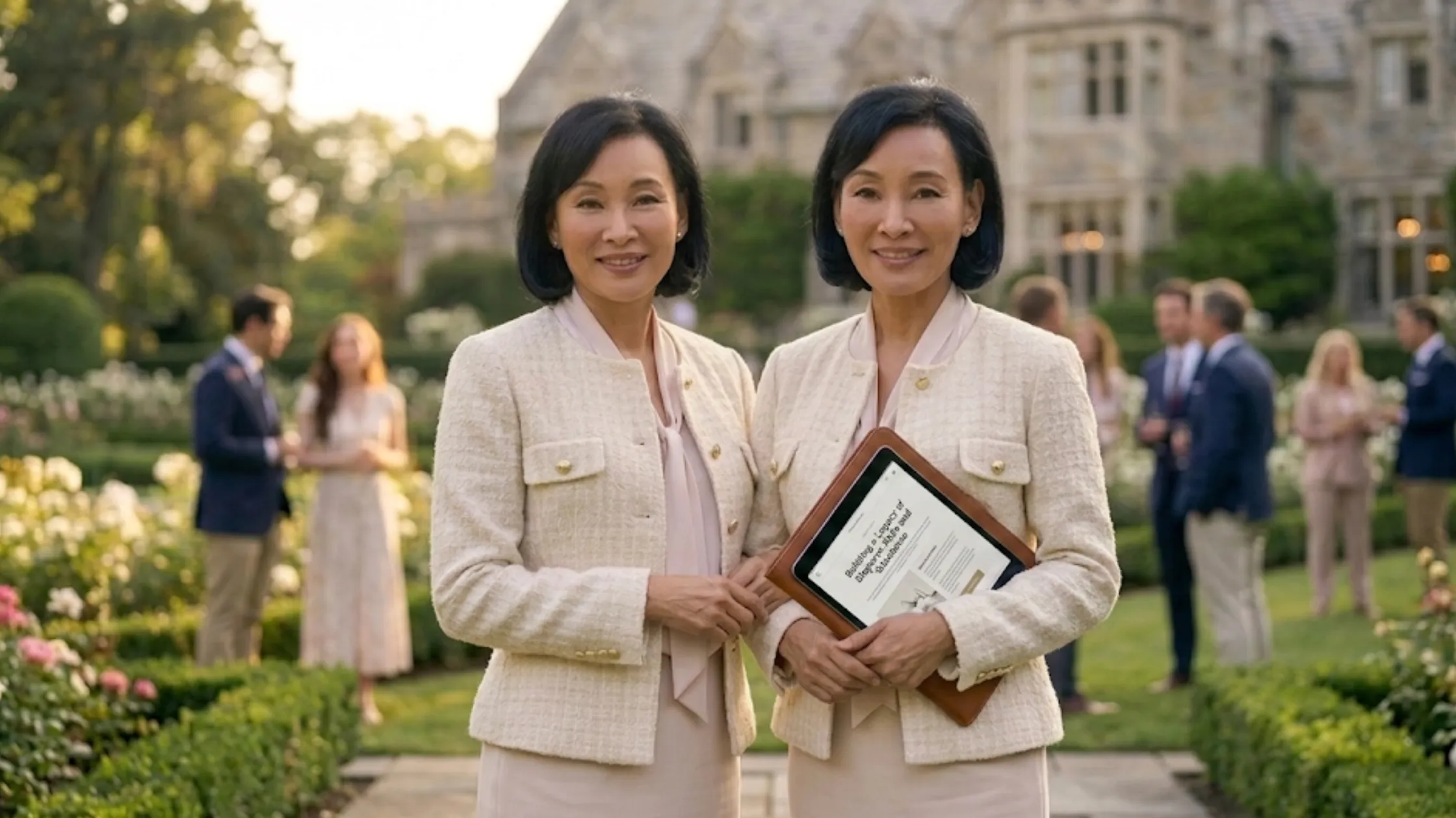 Joan Chen cream cropped tweed jacket with gold buttons and chest flap pockets from Oh. What. Fun. 2025 film look