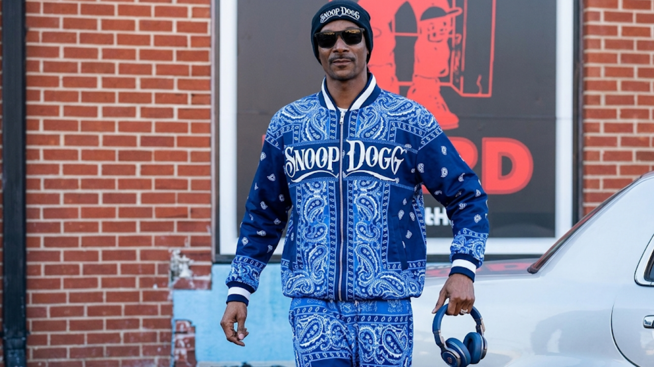Snoop Dogg blue paisley bandana print zip-up bomber jacket and matching relaxed fit pants tracksuit set