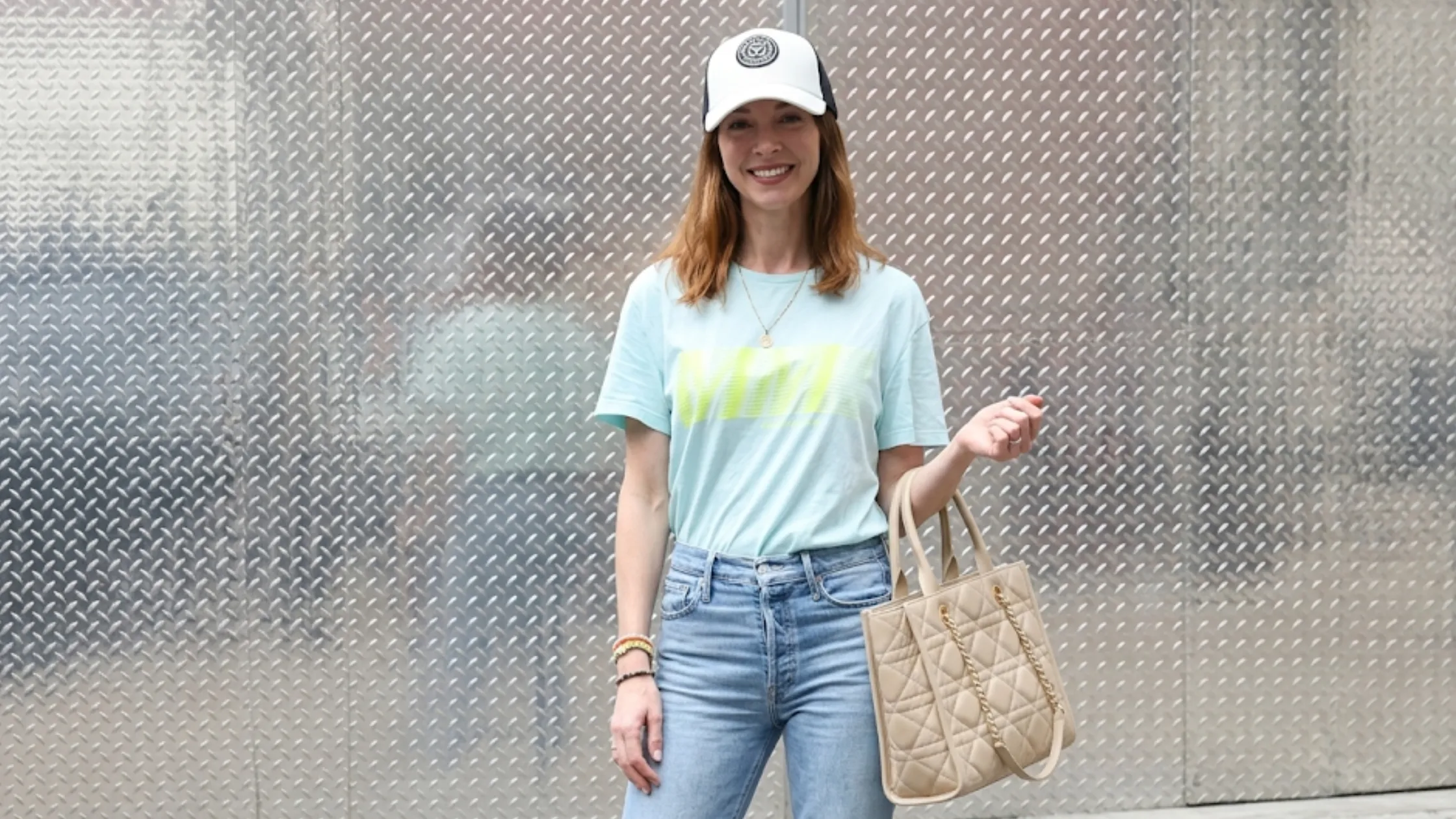 Emily Blunt Devil Wears Prada II sky blue oversized T-shirt with neon yellow glitch rectangular chest graphic