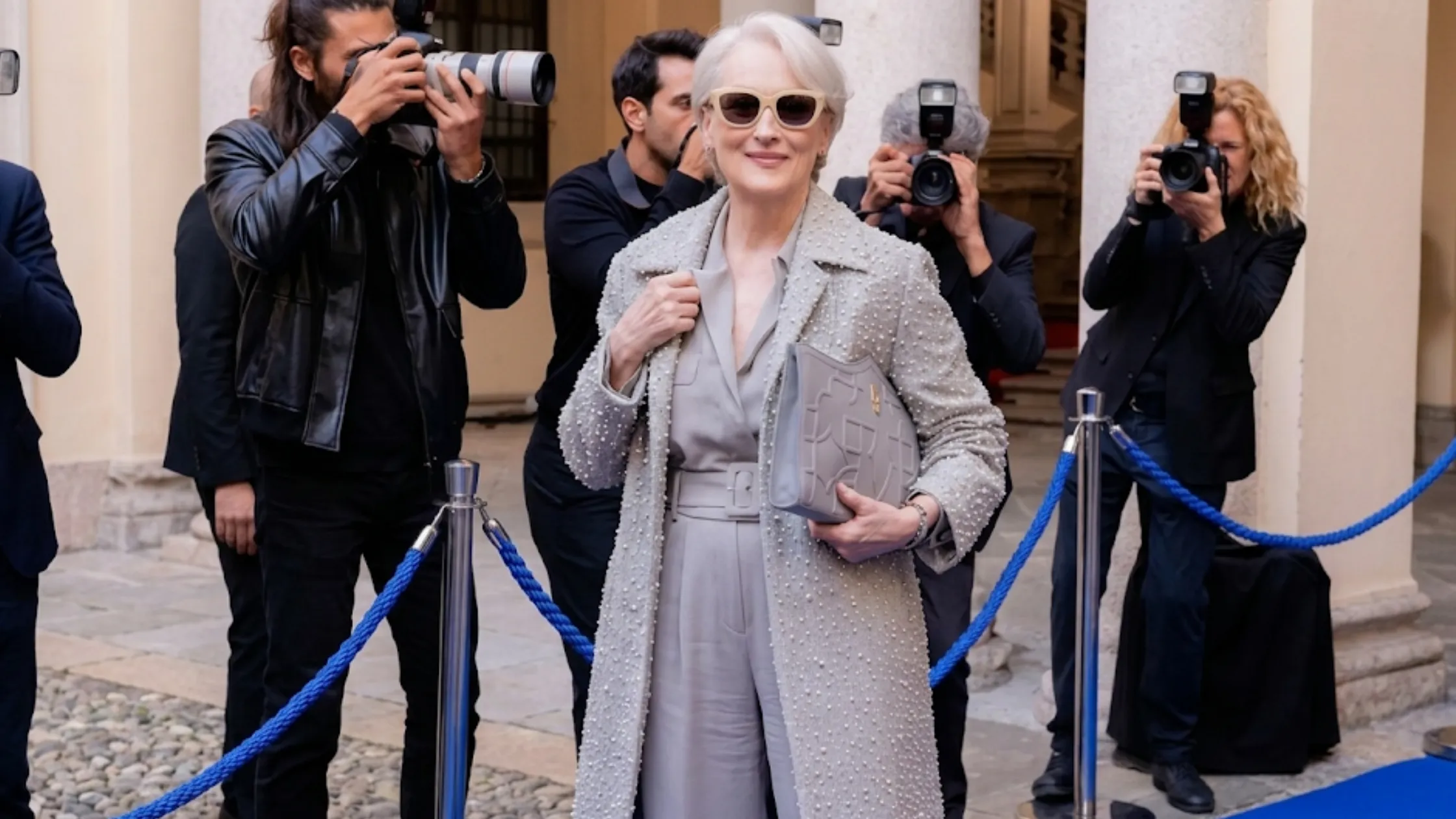Meryl Streep The Devil Wears Prada 2 grey mid-calf wool blend long coat with all-over pearl stud embellishment and structured tailoring