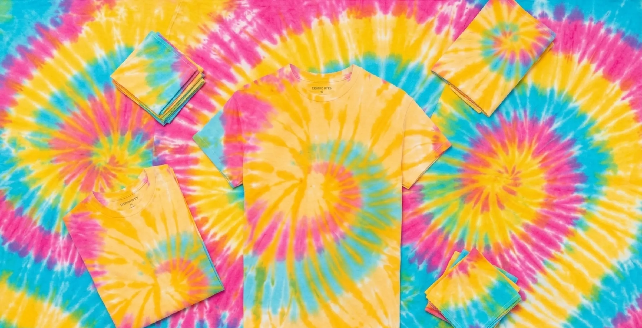 Too Much Megan Stalter tie-dye t-shirt featuring multicolor spiral design in yellow, teal, pink, and blue, styled as relaxed retro streetwear inspired by the TV show Too Much