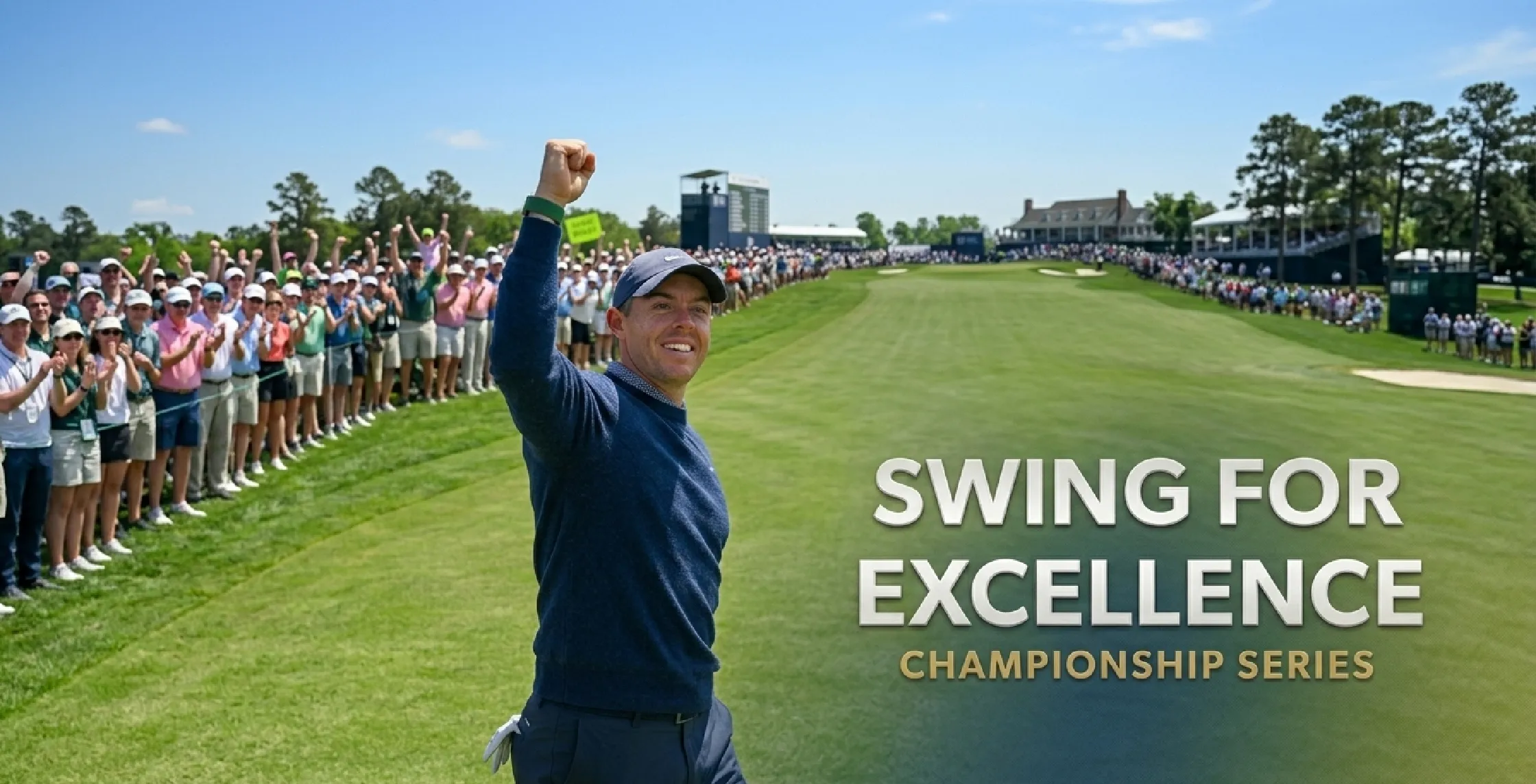 Rory McIlroy Masters 2026 blue performance sweatshirt featuring slim-fit design, ribbed crewneck, and navy golf styling inspired by modern quiet luxury sports fashion