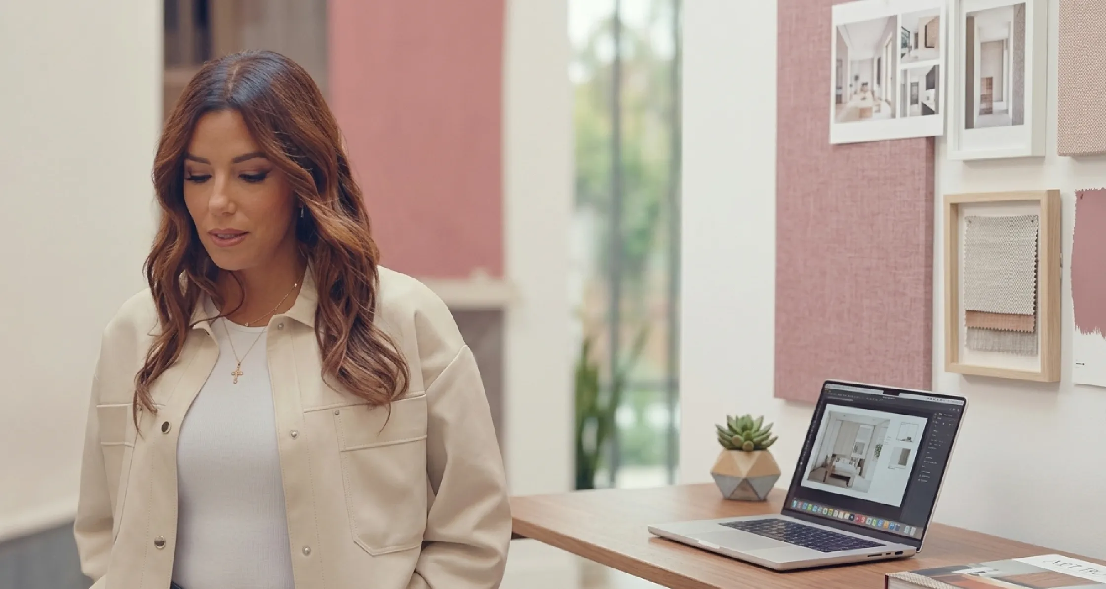 Eva Longoria wearing cream overshirt in Searching for Spain Season 1 Episode 2