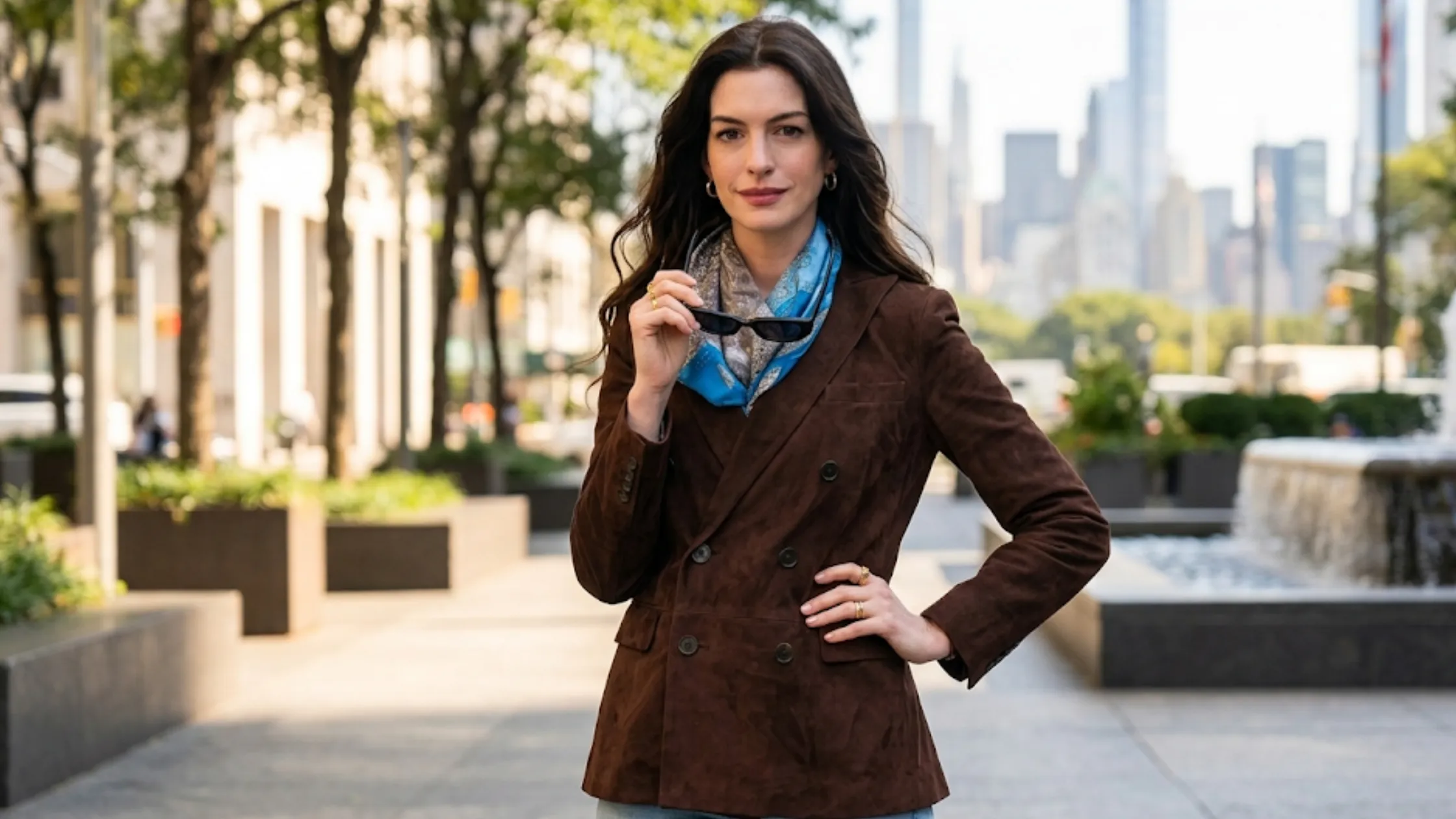 Anne Hathaway The Devil Wears Prada 2 chocolate brown suede double-breasted blazer with slim tailored fit