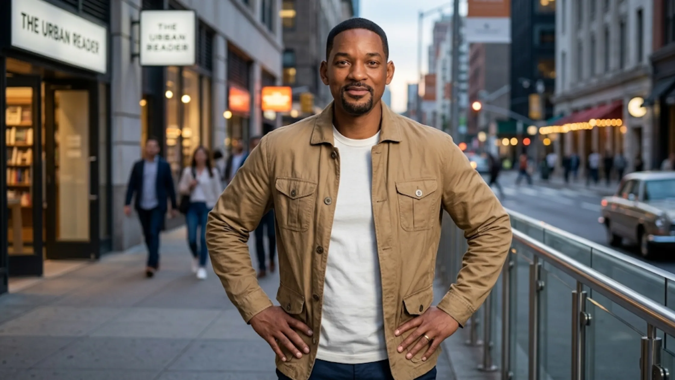 Fountain Of Youth 2025 Laz Alonso beige cotton utility jacket with shirt collar, buttoned front, and four-pocket design
