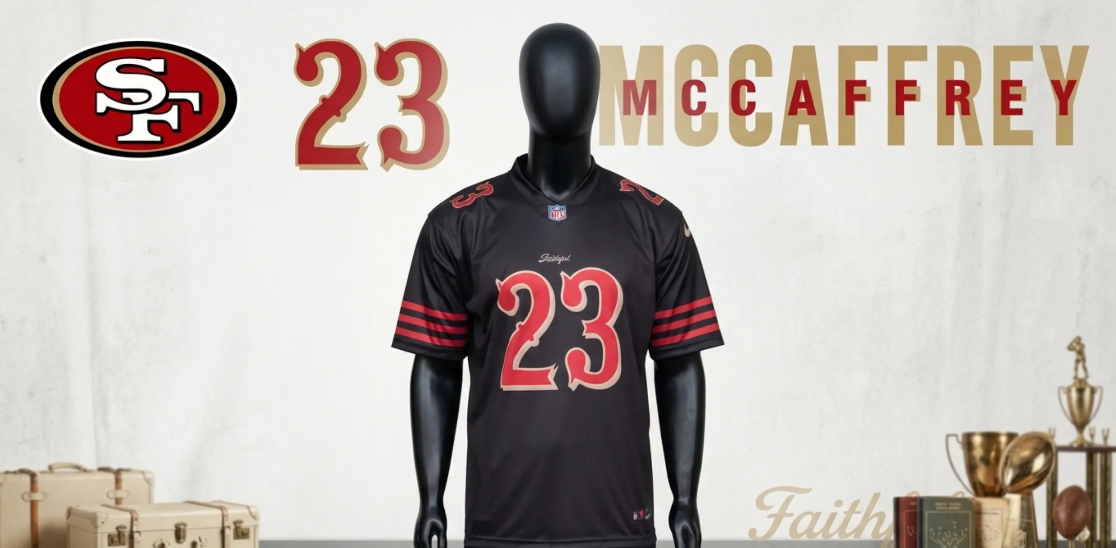 Christian McCaffrey San Francisco 49ers Rivalries black jersey with scarlet red accents, gold outlined number 23, Faithful script, and NFL-inspired streetwear design.