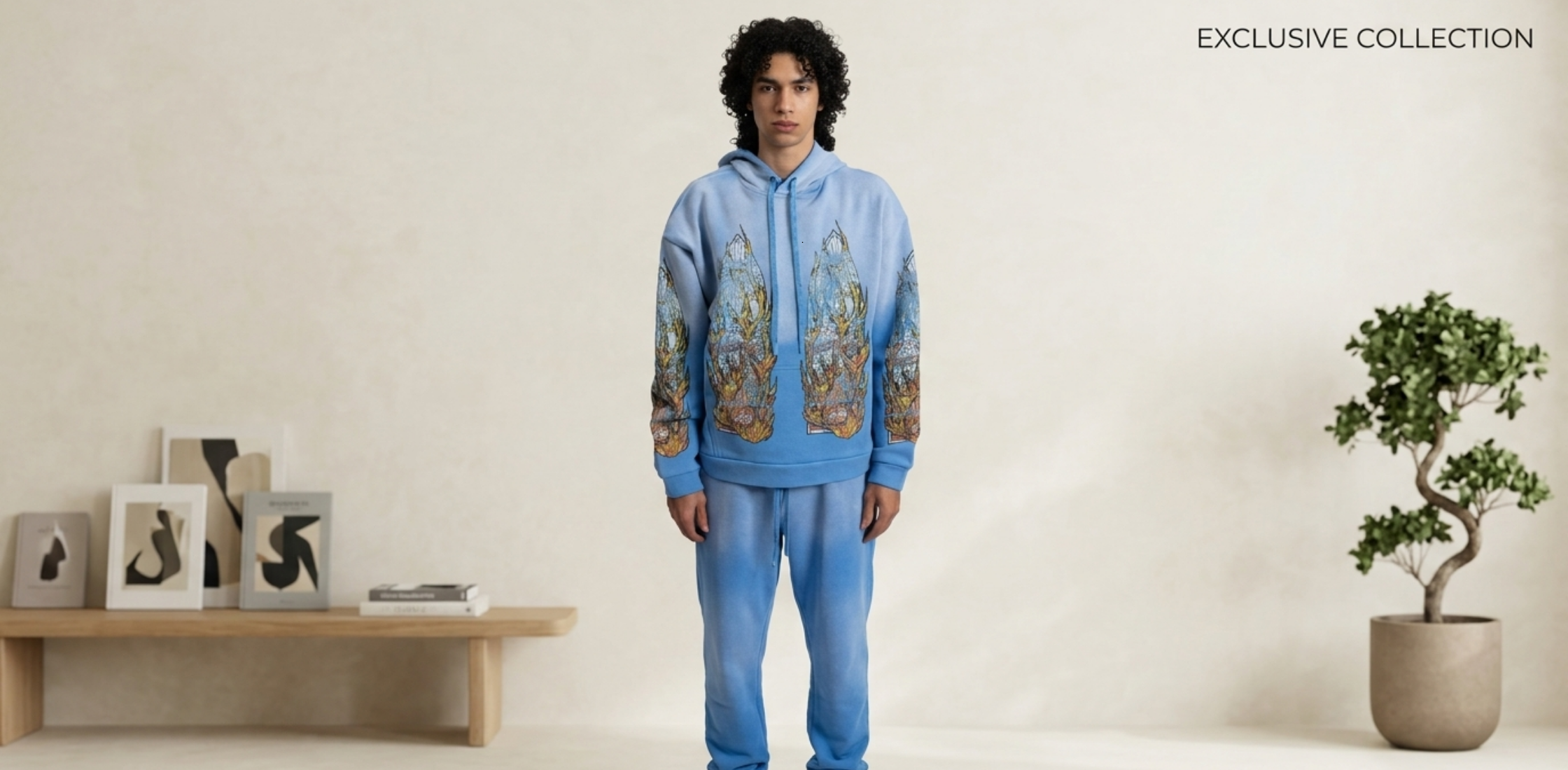 Who Decides War multi-color ombré blue hoodie with gothic stained glass graphics and fiery surreal artwork streetwear design