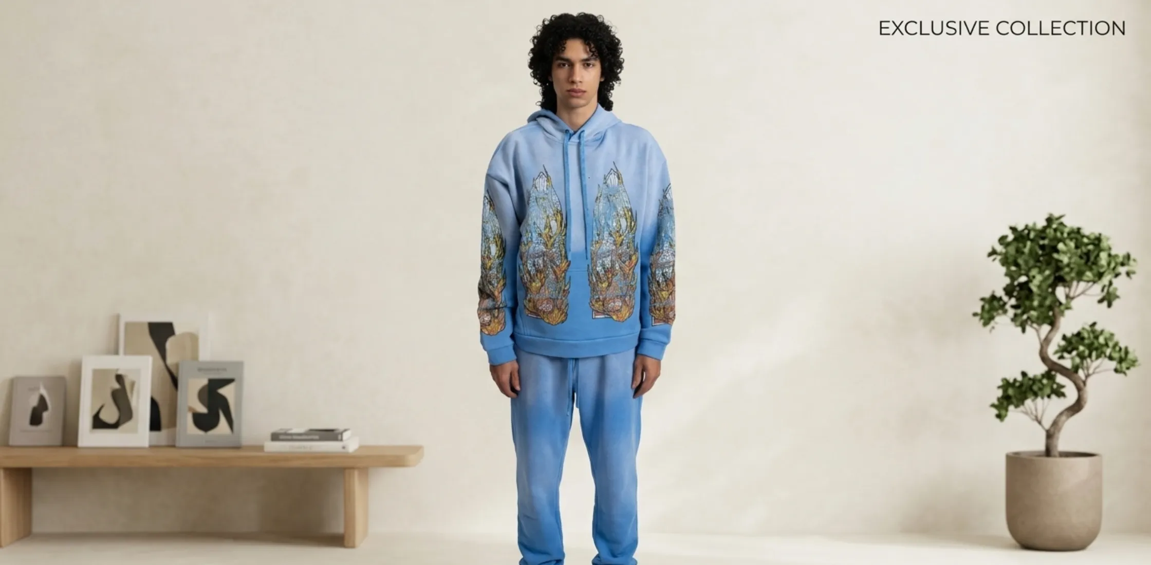 Who Decides War multi-color ombré blue hoodie with gothic stained glass graphics and fiery surreal artwork streetwear design