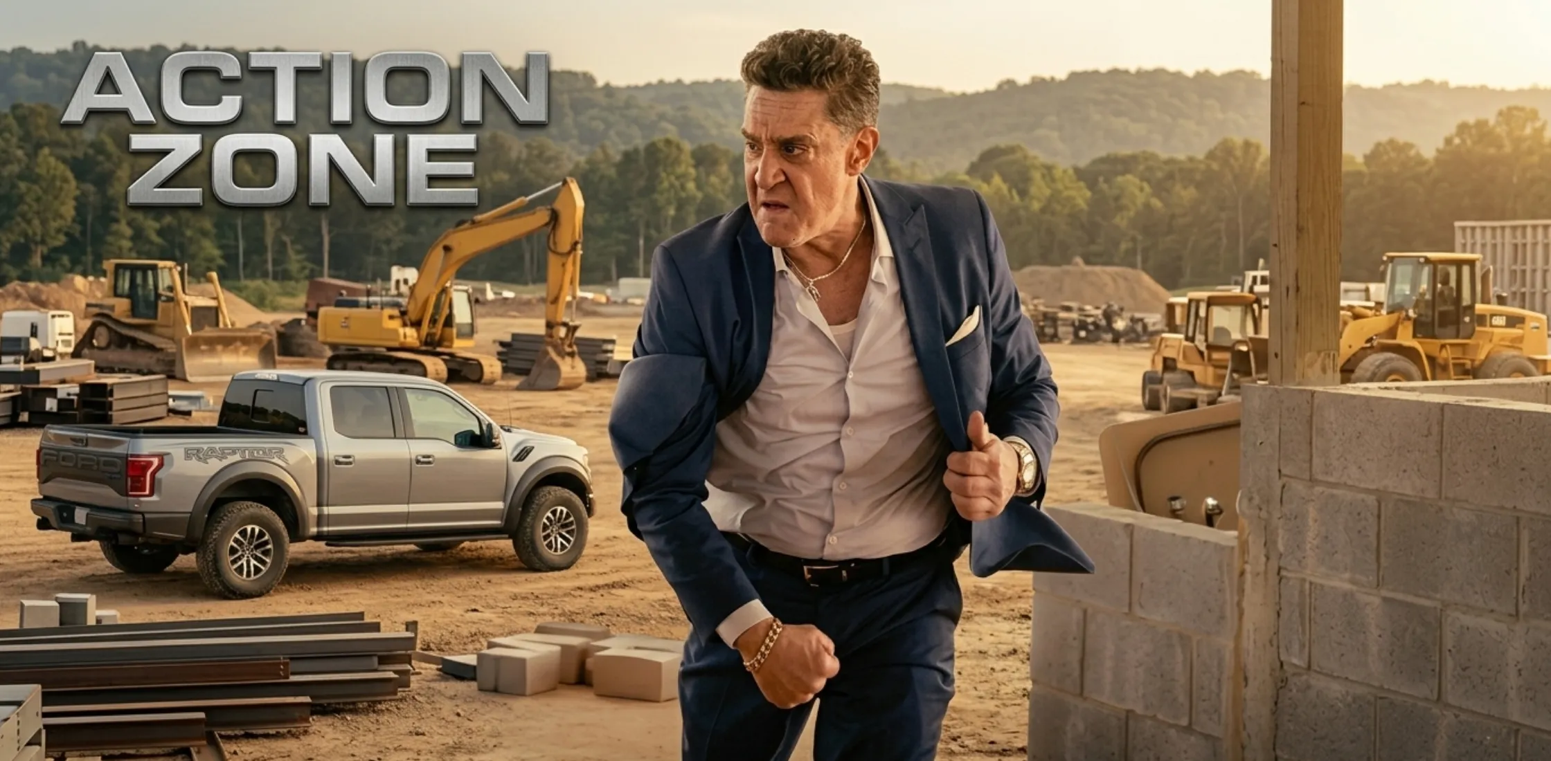 Chris Caldovino as Goodie Carangi in Tulsa King wearing a navy blue mobster-style blazer with white shirt, gold chain, pocket square, and tailored trousers in cinematic scene.