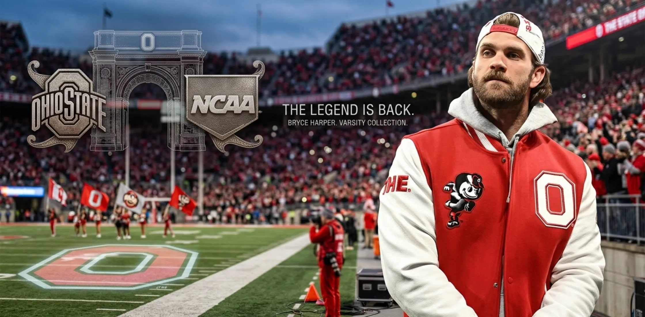 Bryce Harper Ohio State University red and white varsity jacket with Brutus Buckeye patch and “O” logo design