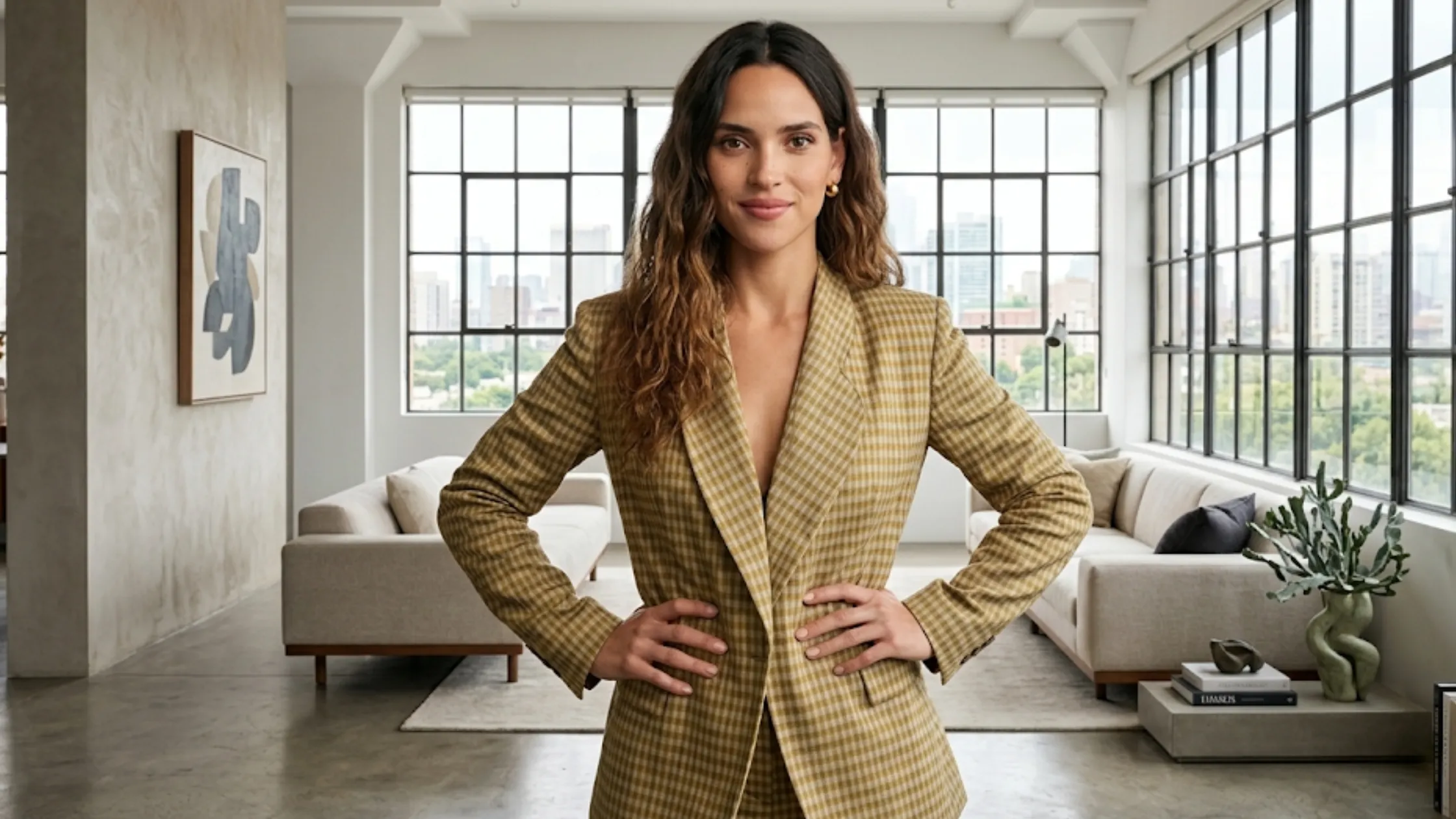 Adria Arjona Access Hollywood beige brown cream check wrap blazer with structured tailoring notch lapels and earthy gingham pattern celebrity outfit jacket