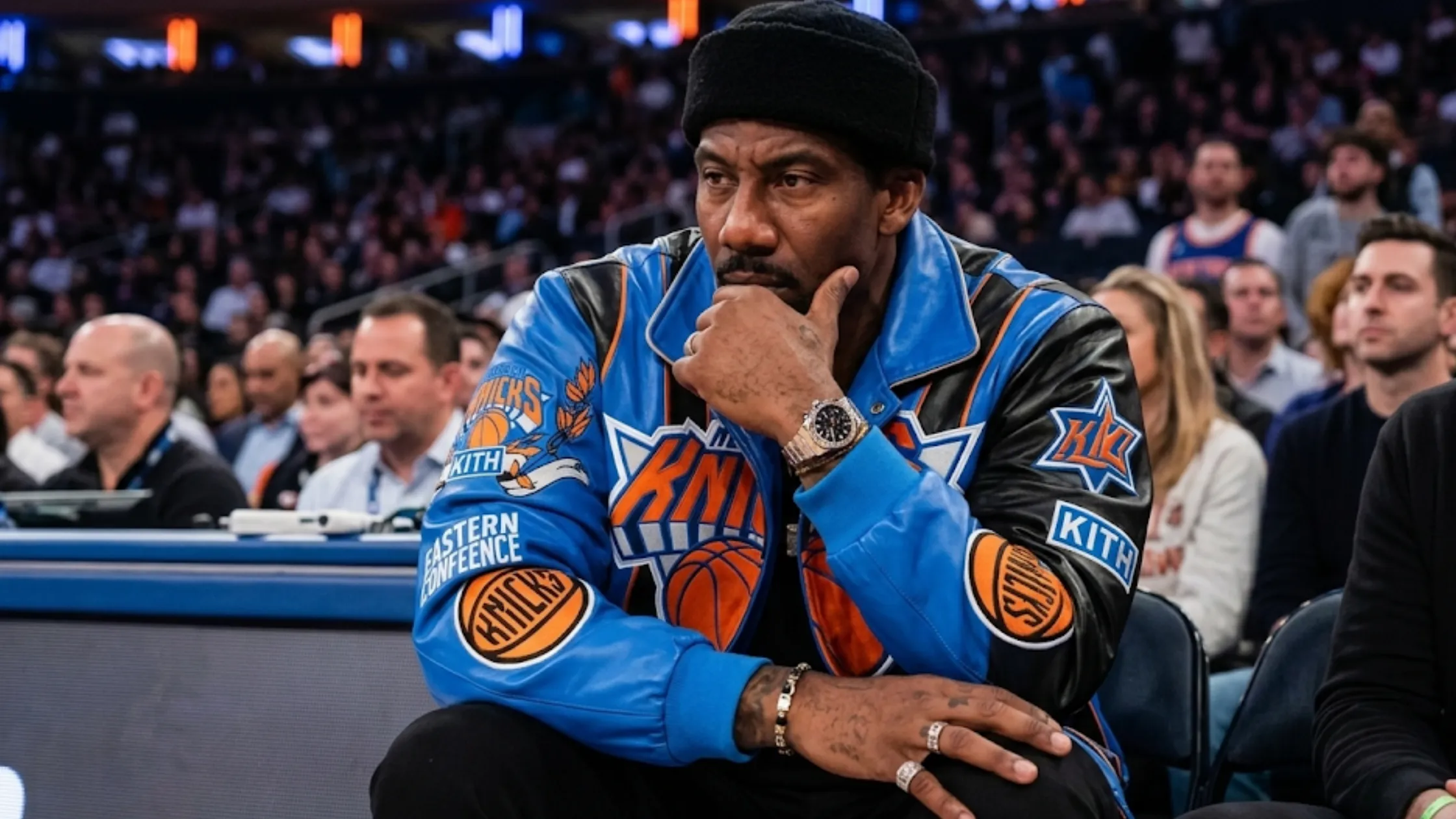 Amar’e Stoudemire New York Knicks 2025 Kith x Jeff Hamilton leather varsity bomber jacket in royal blue black and orange with basketball graphics and embroidered patches