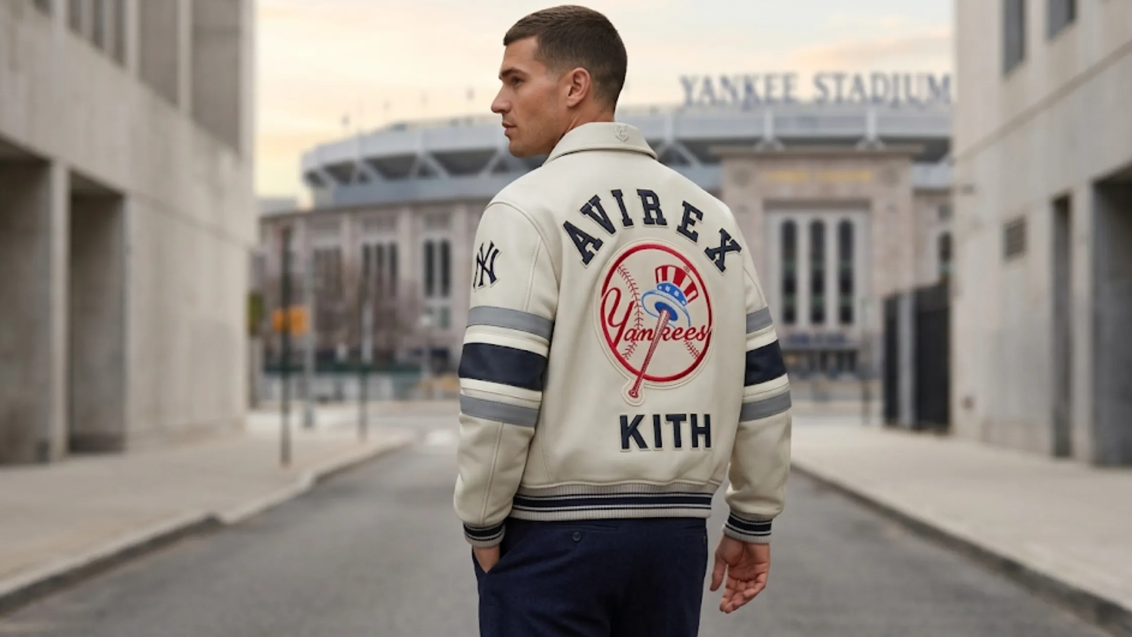New York Yankees Kith Avirex cream varsity leather jacket with embroidered chest text back logo patch striped sleeves and utility-inspired streetwear design