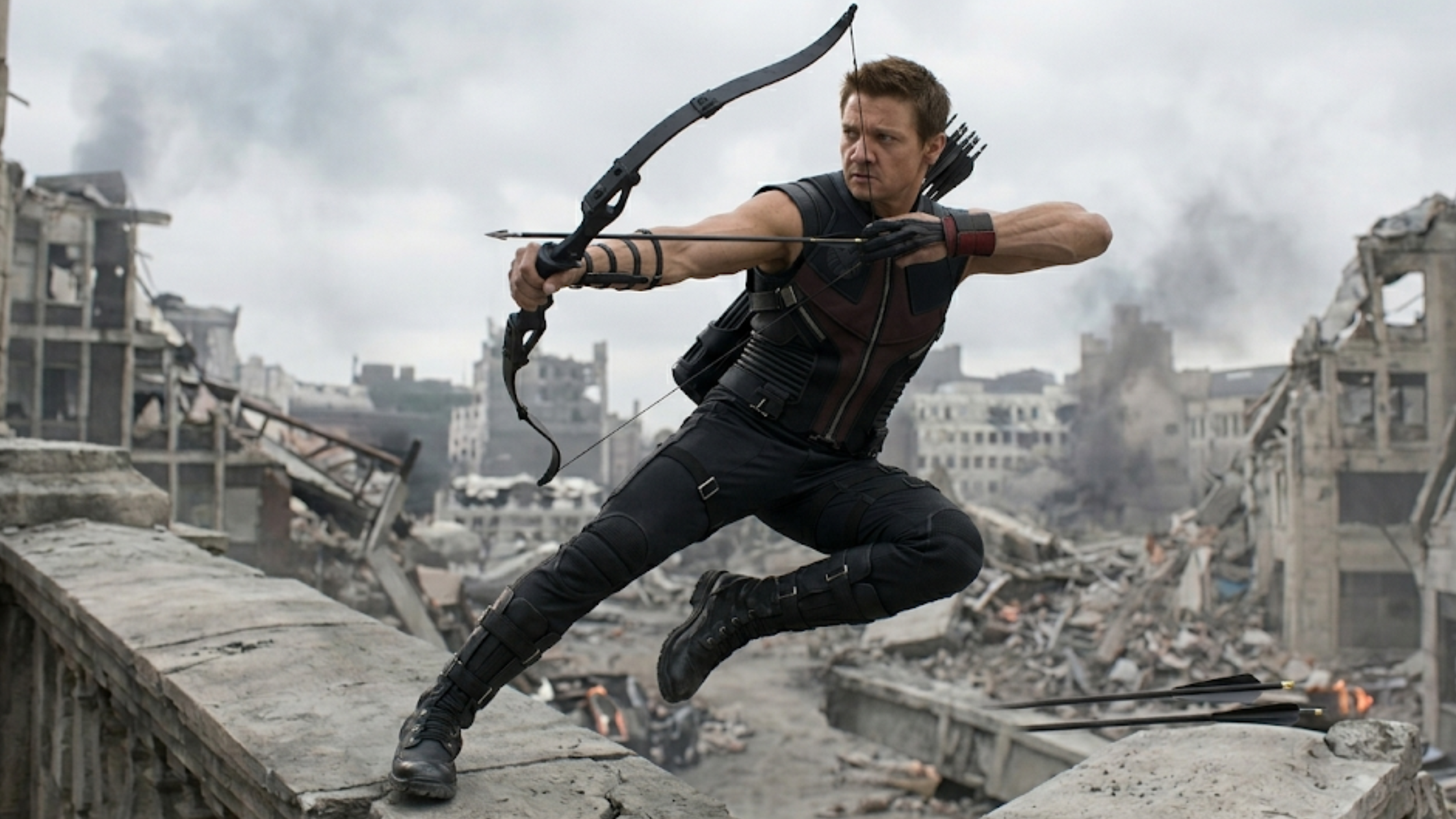 The Avengers Hawkeye Jeremy Renner black and brown tactical leather vest with zipper pockets armor-style shoulders and S.H.I.E.L.D. inspired detailing