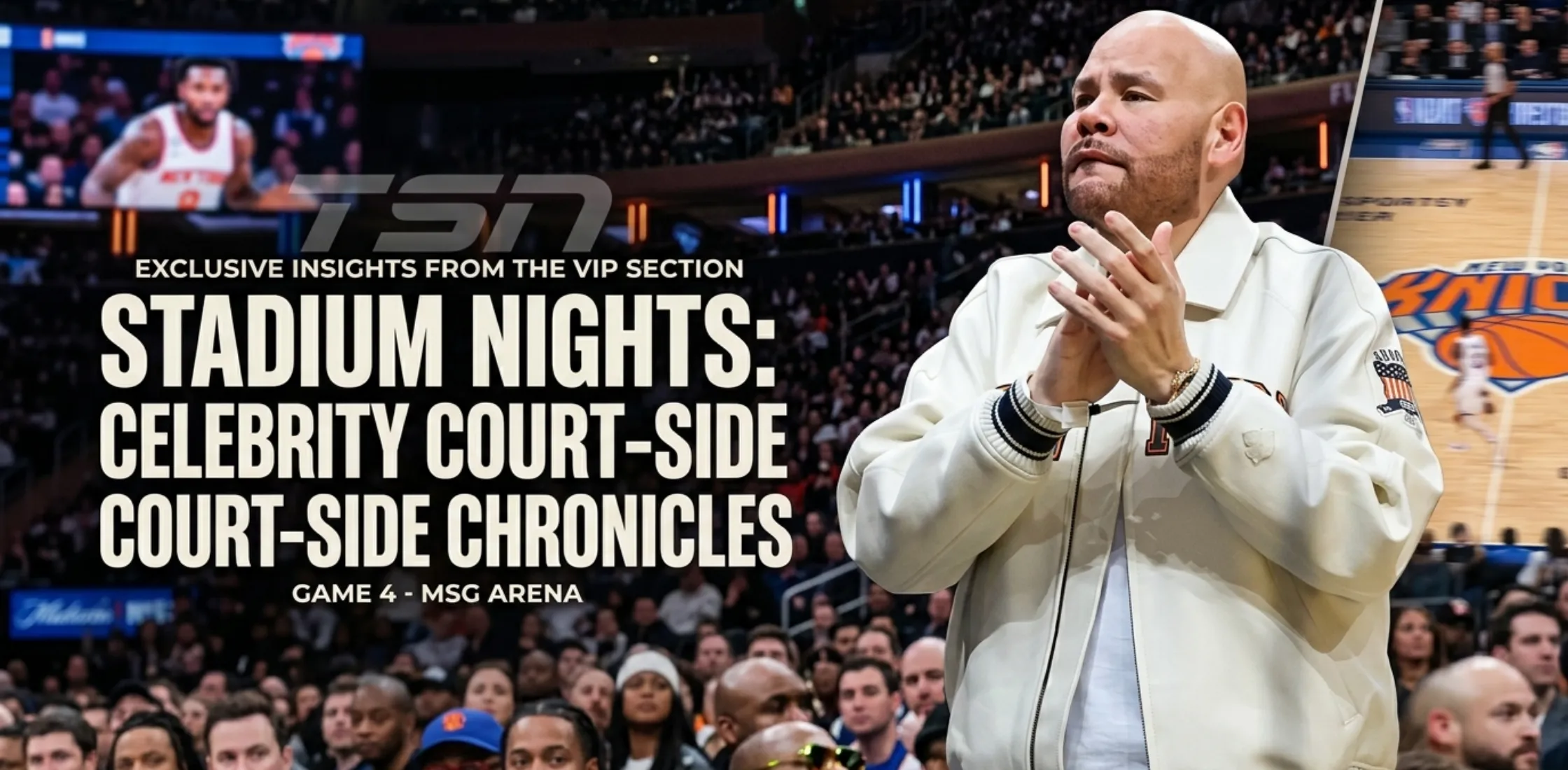 Fat Joe New York Knicks v Atlanta Hawks Cream Leather Varsity Jacket styled for premium courtside streetwear look