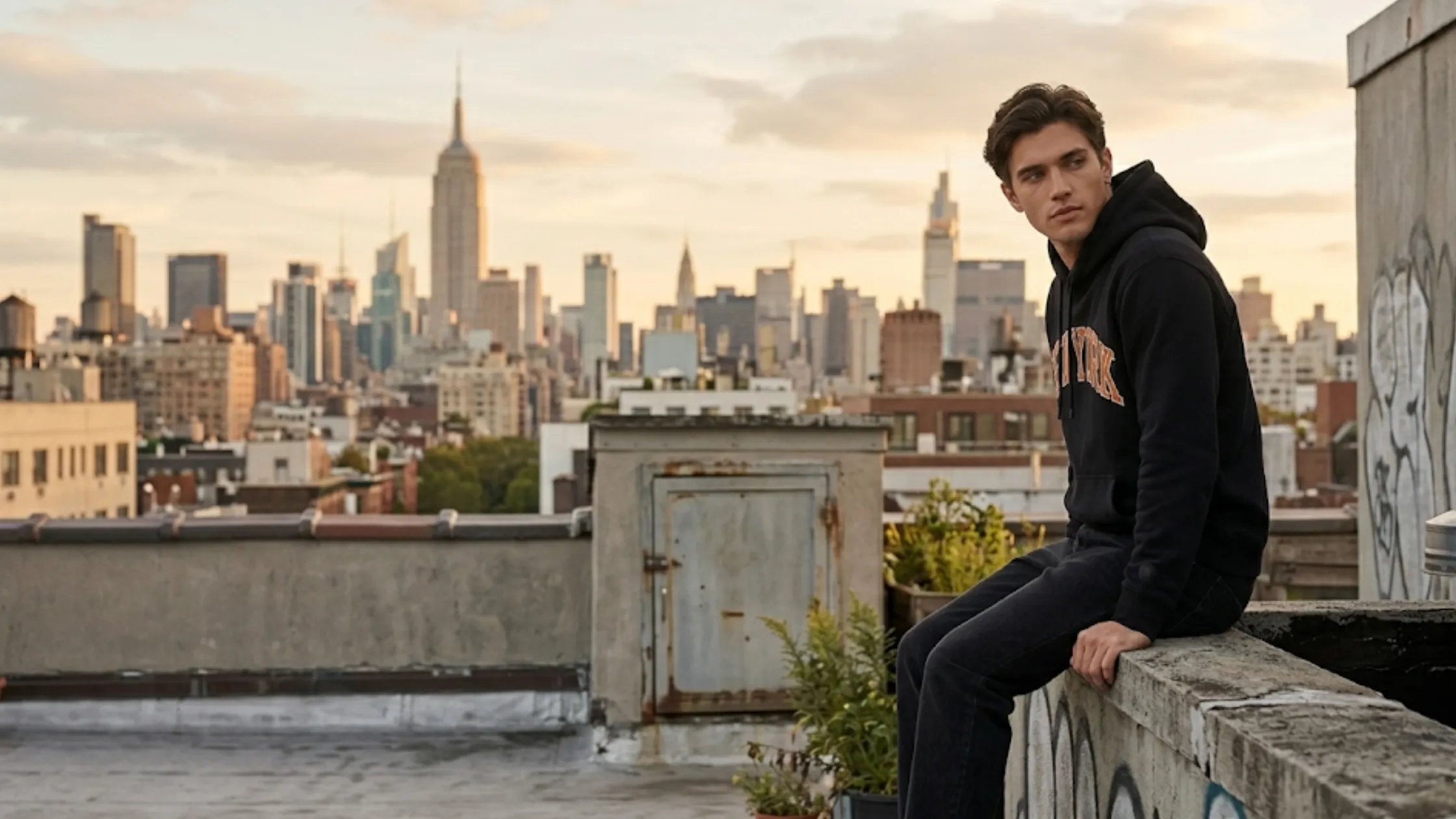 Knicks Madison Square Garden Nelson black hoodie with arched NEW YORK orange print white outline streetwear pullover kangaroo pocket hoodie