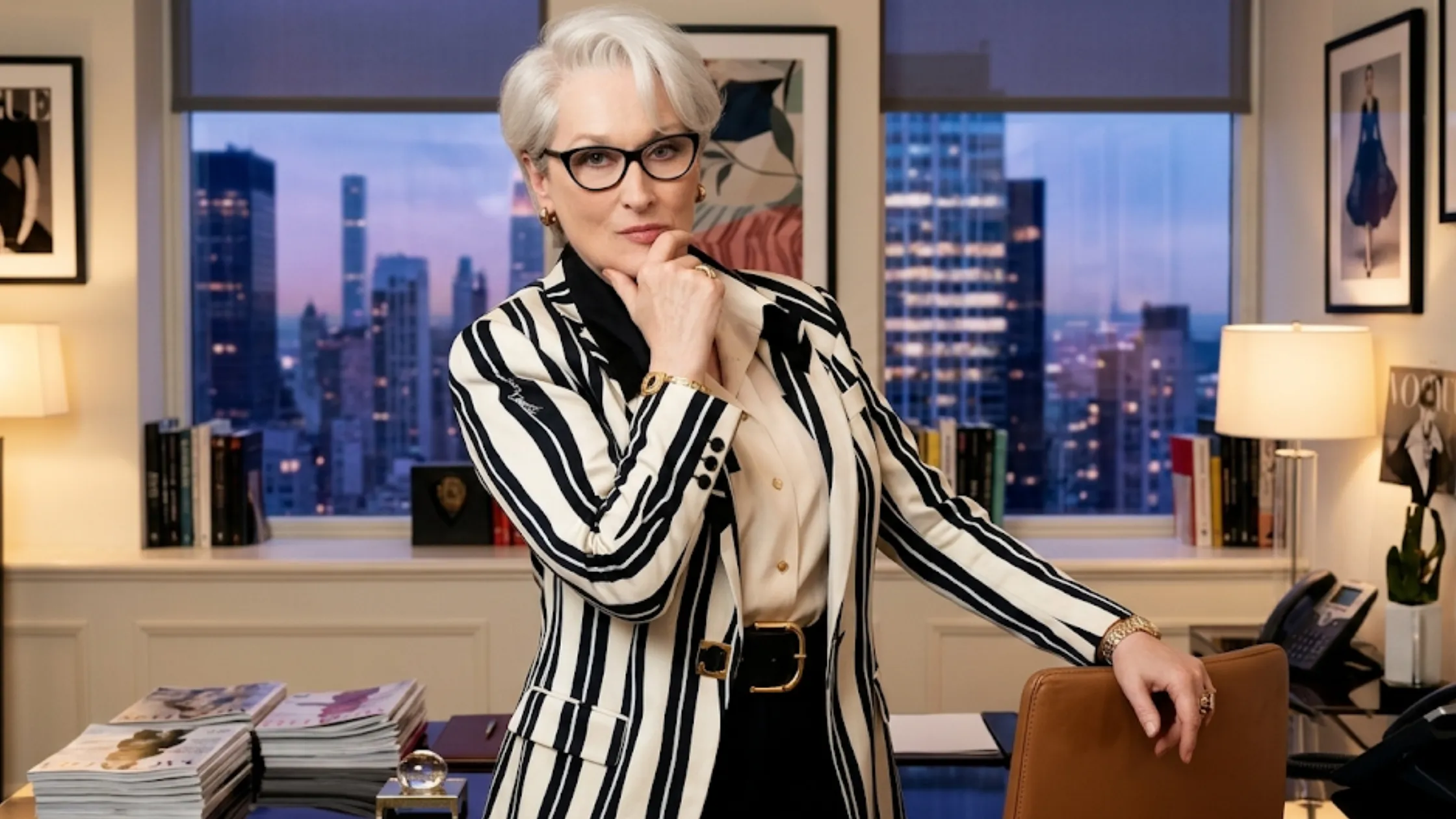 The Devil Wears Prada 2 Meryl Streep cream zebra pinstripe blazer with wide black lapels