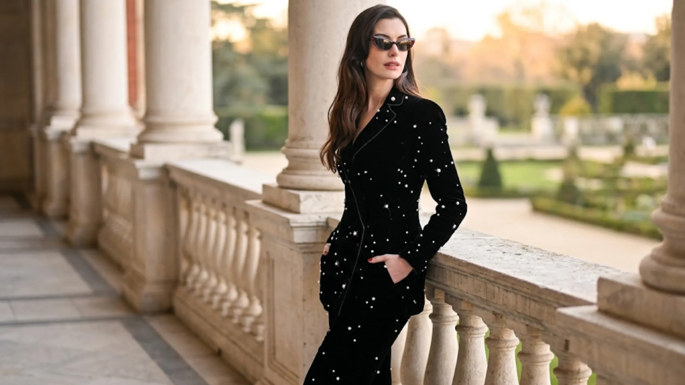Anne Hathaway The Devil Wears Prada 2 black velvet maxi coat with pearl crystal embellishments and structured silhouette