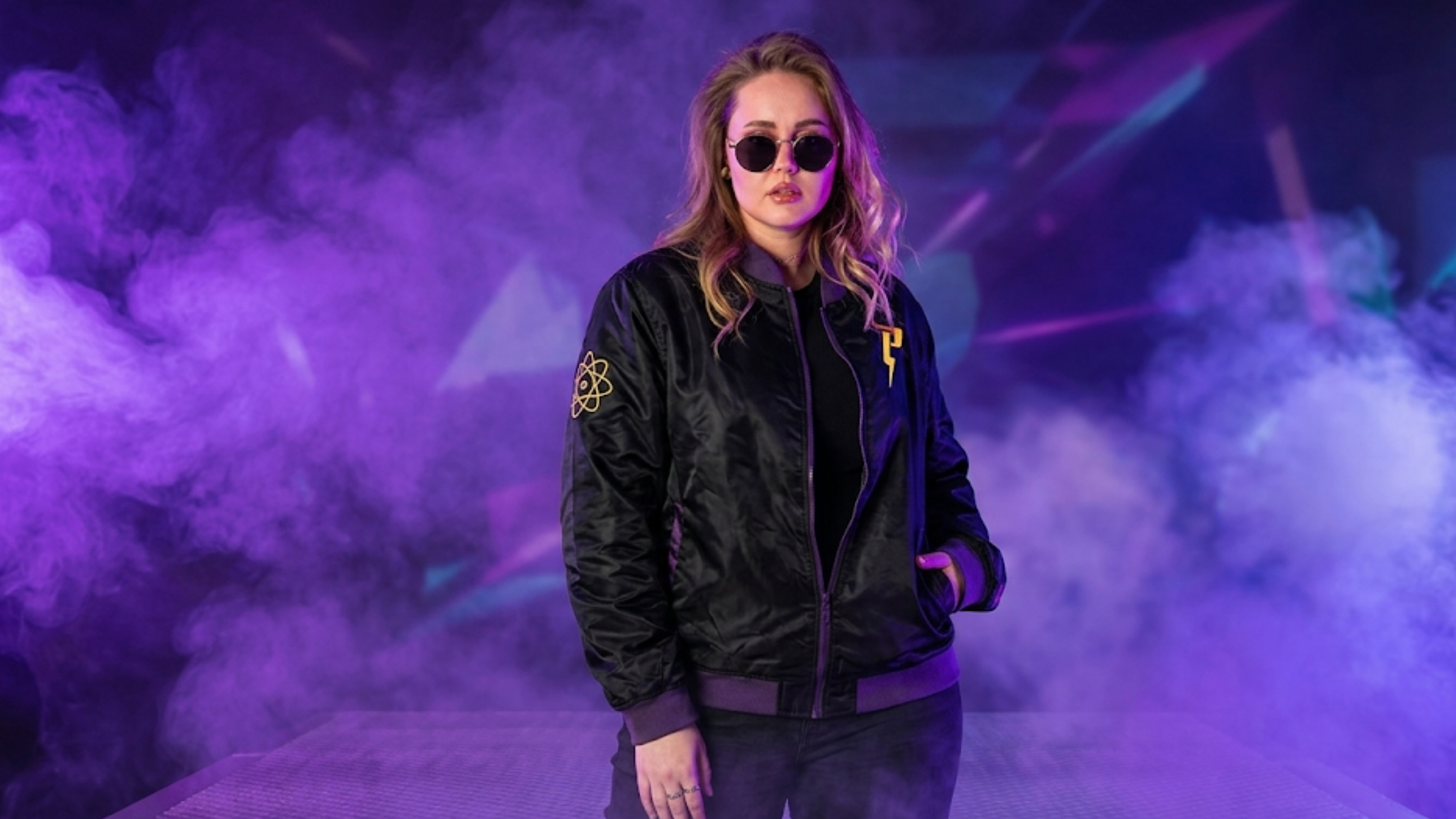 Cakeworthy Powerline bomber jacket black satin purple trim gold embroidered lightning bolt graphic streetwear jacket