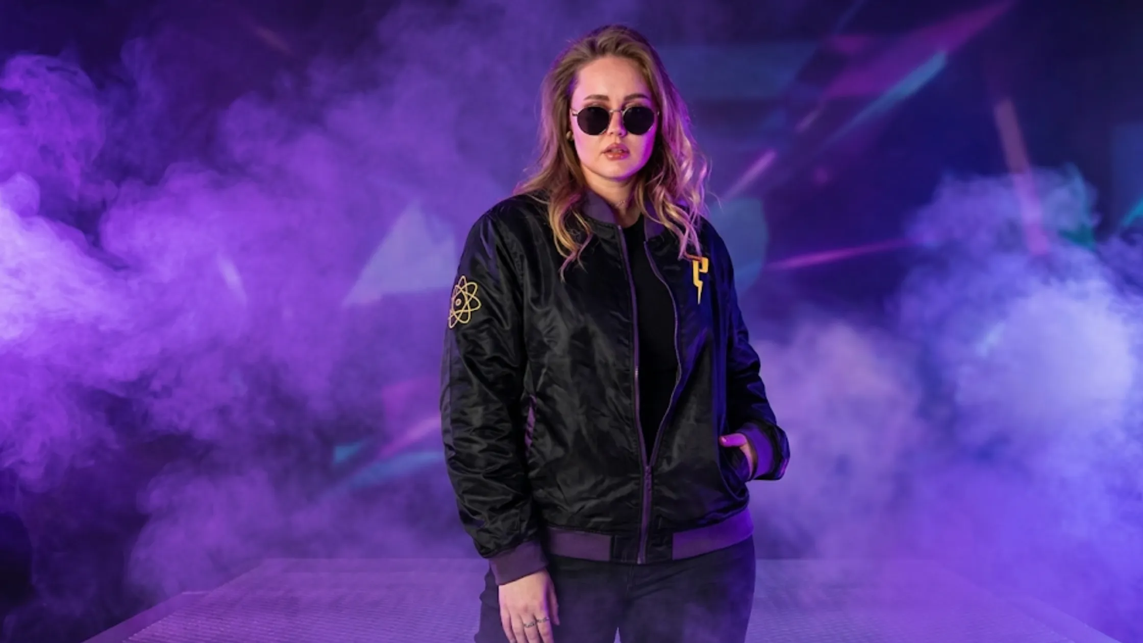 Cakeworthy Powerline bomber jacket black satin purple trim gold embroidered lightning bolt graphic streetwear jacket