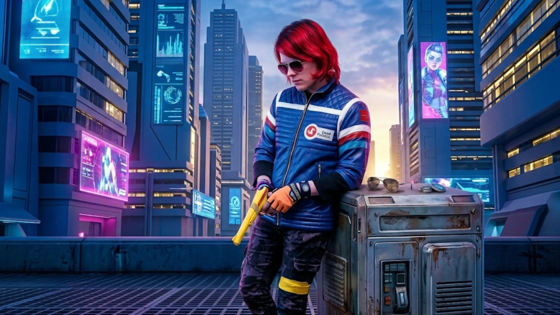 Gerard Way Party Poison My Chemical Romance blue leather jacket with quilted shoulders and multicolor racing stripes