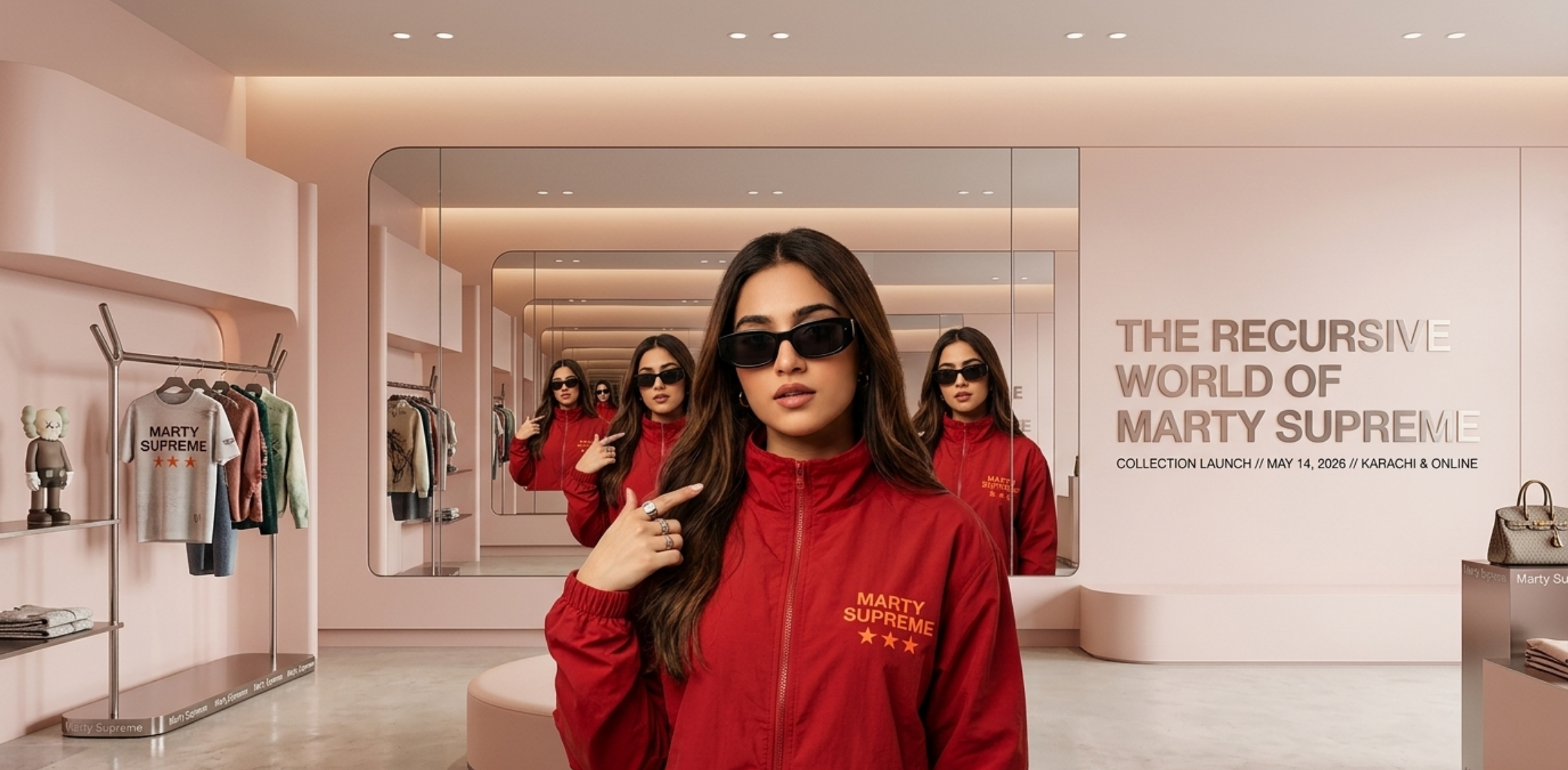 Valentina Voight Marty Supreme red windbreaker jacket with white piping, bold “MARTY SUPREME” graphics, and orange star details styled for streetwear fashion.