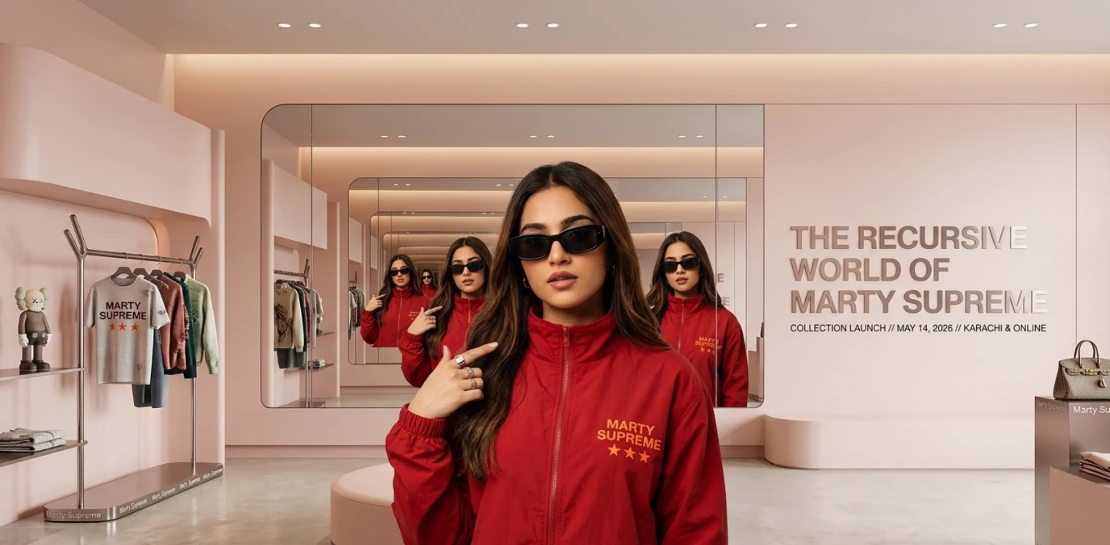 Valentina Voight Marty Supreme red windbreaker jacket with white piping, bold “MARTY SUPREME” graphics, and orange star details styled for streetwear fashion.