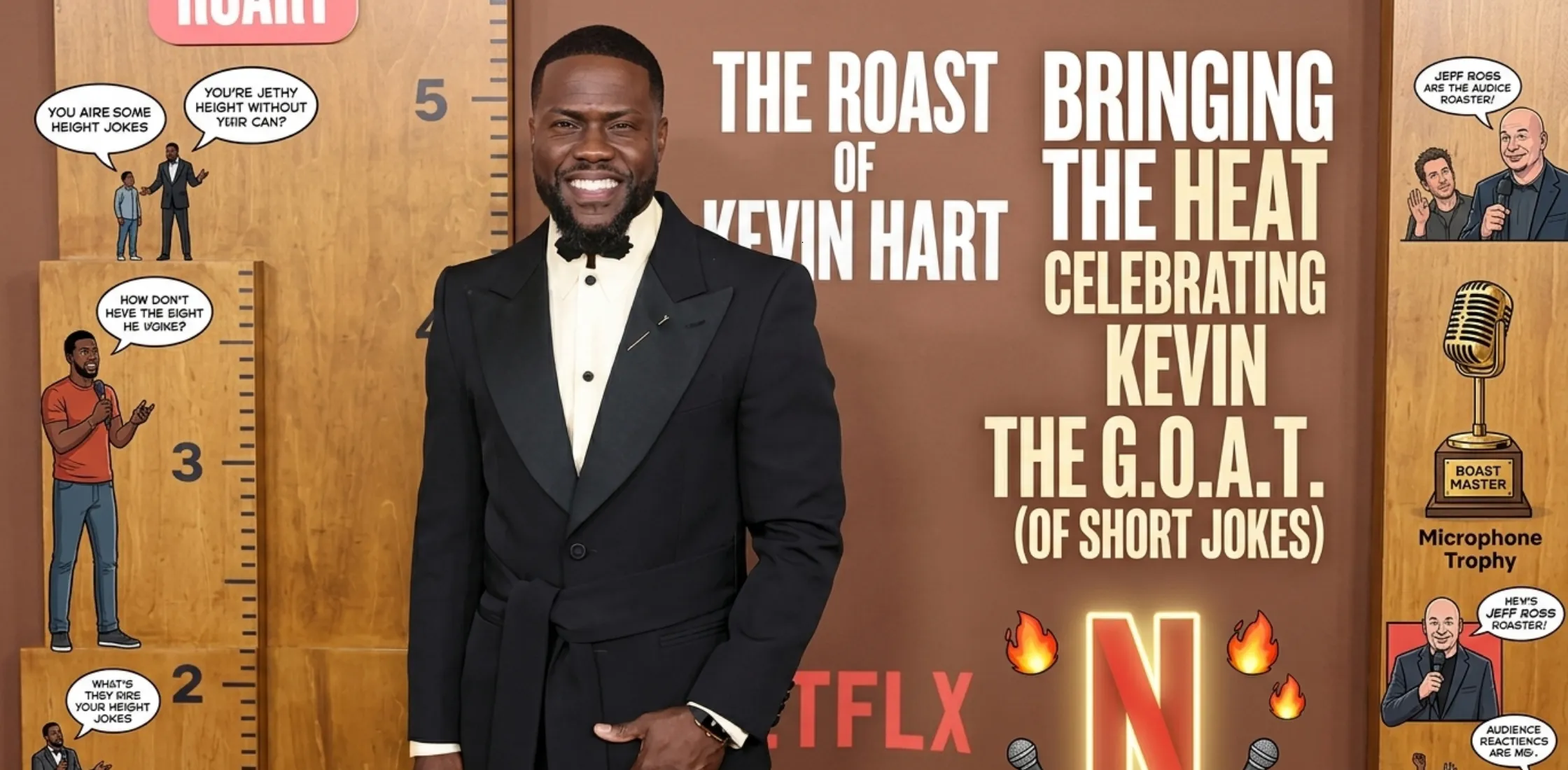 Kevin Hart wearing black belted tuxedo blazer with peak lapels on The Roast of Kevin Hart red carpet