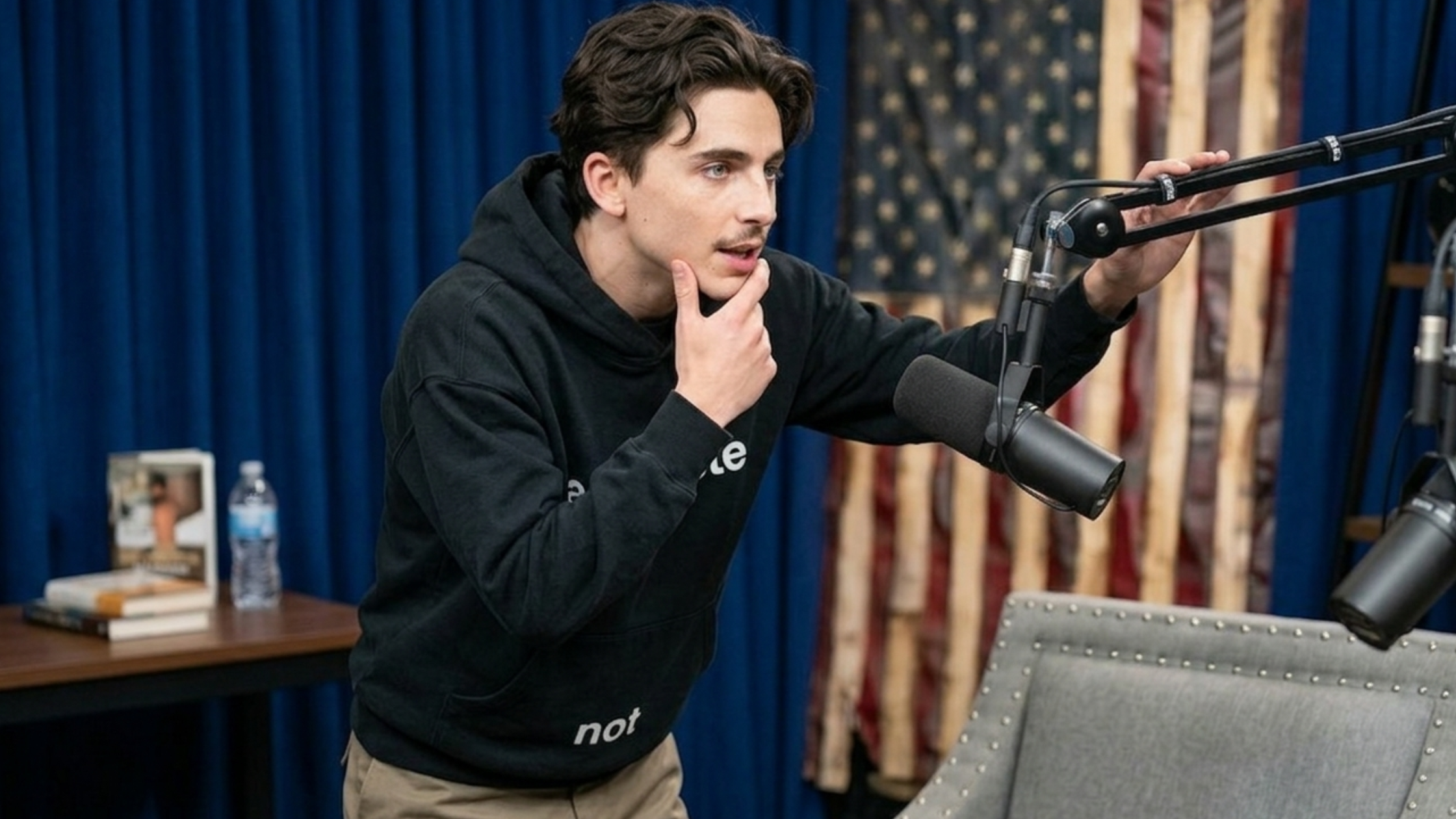 Timothée Chalamet A Complete Unknown black cropped boxy hoodie with white typography print and oversized fit streetwear