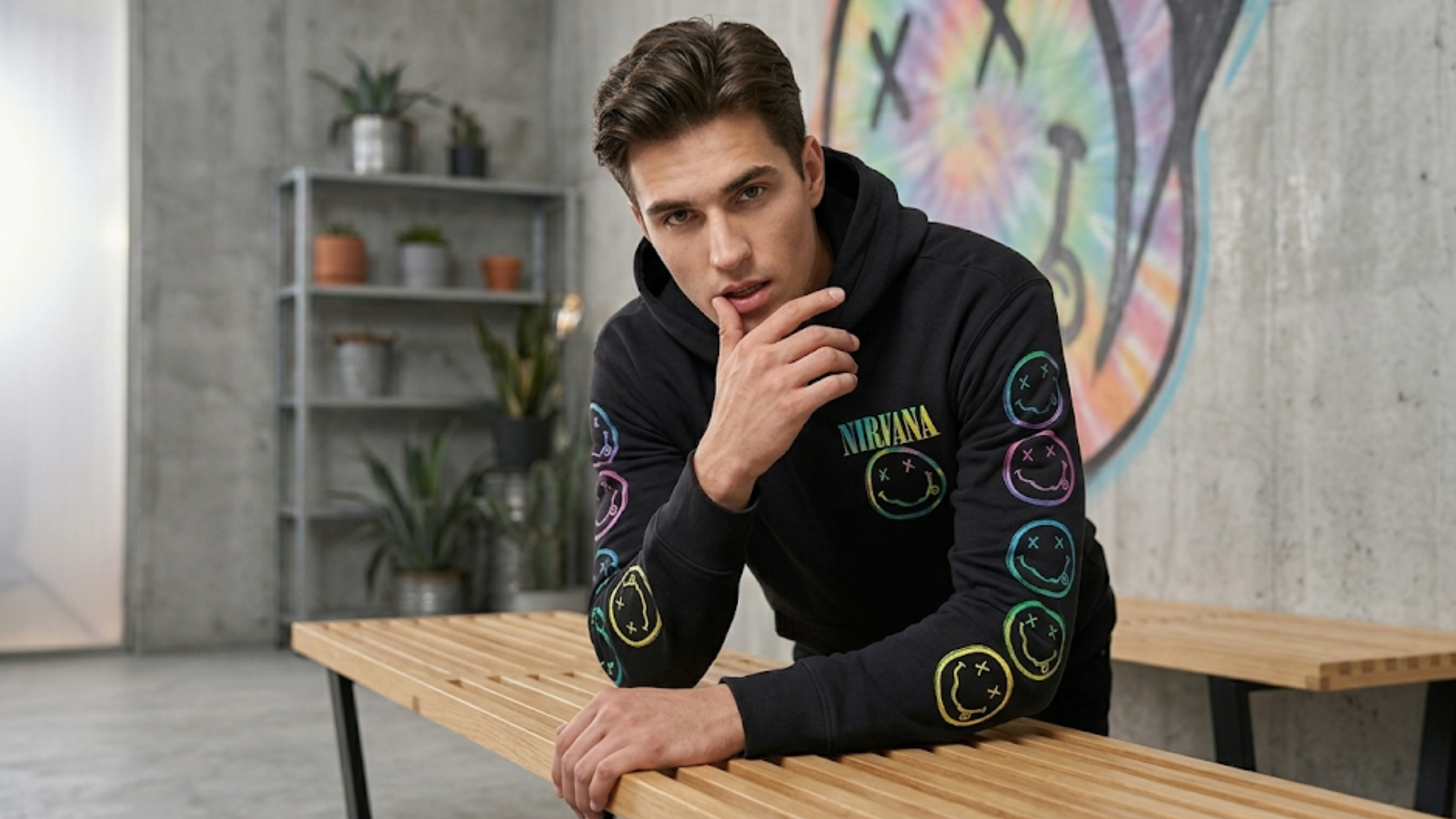 Nirvana graphic popover hoodie in washed black with multicolor smiley chest logo and rainbow gradient sleeve prints, oversized streetwear pullover