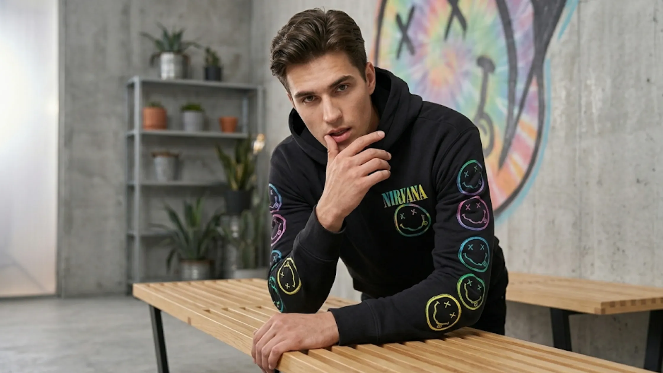 Nirvana graphic popover hoodie in washed black with multicolor smiley chest logo and rainbow gradient sleeve prints, oversized streetwear pullover