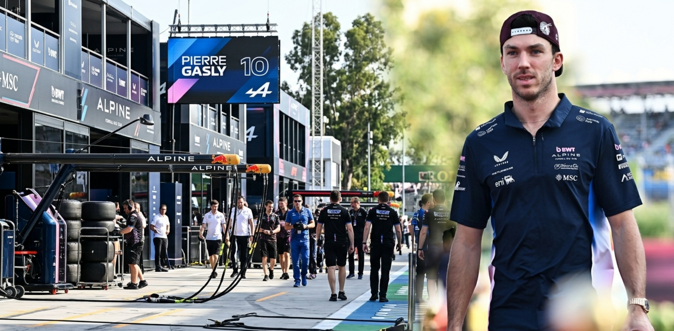 Pierre Gasly wearing Alpine F1 Grand Prix of Qatar quarter-zip polo shirt in navy blue with sponsor logos and modern motorsport streetwear styling detail