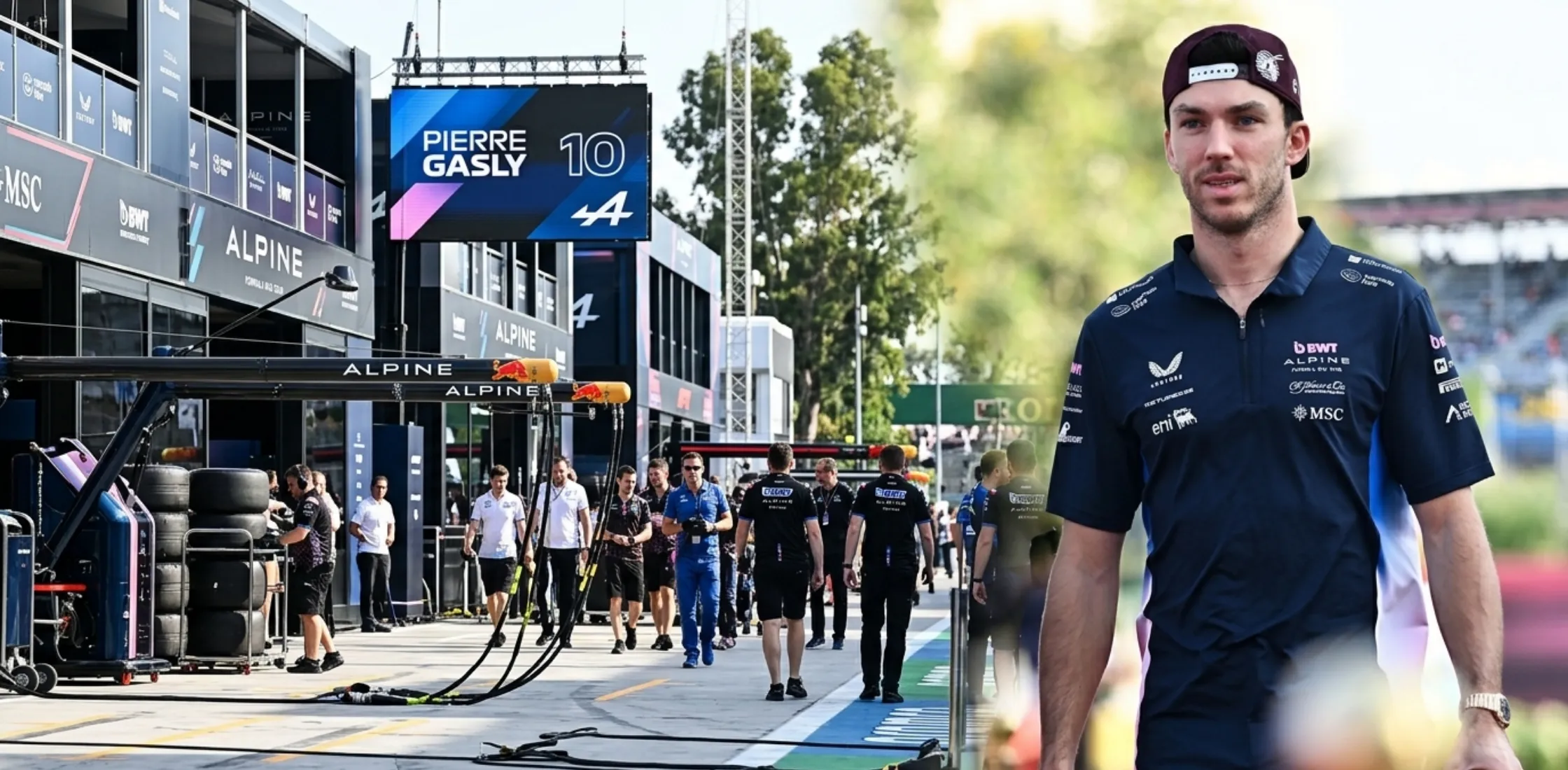 Pierre Gasly wearing Alpine F1 Grand Prix of Qatar quarter-zip polo shirt in navy blue with sponsor logos and modern motorsport streetwear styling detail