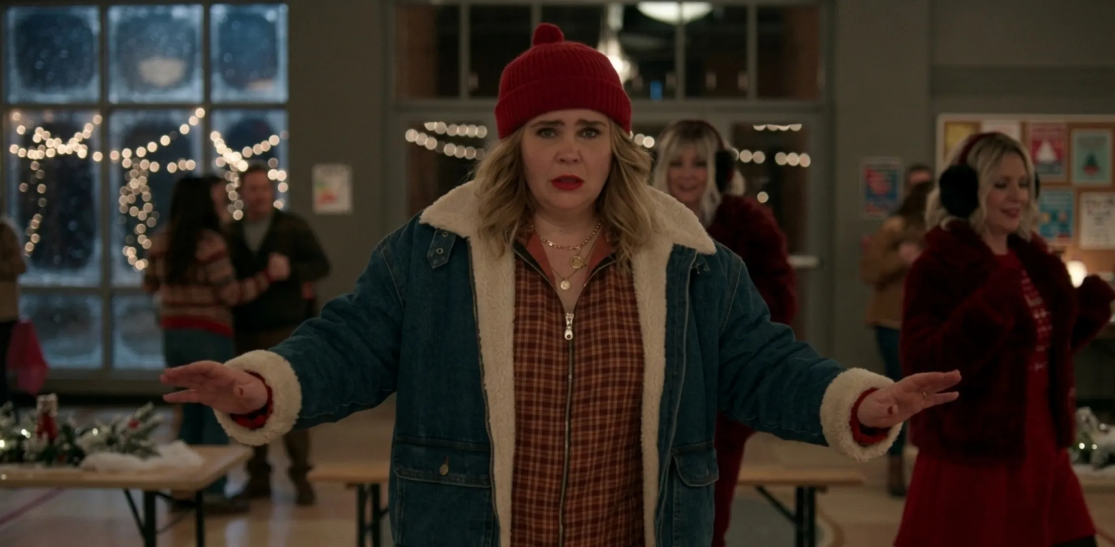 Mae Whitman inspired Kate Tucker denim sherpa trim jacket from Twelve Dates Til Christmas S01 styled for a cozy winter celebrity fashion look