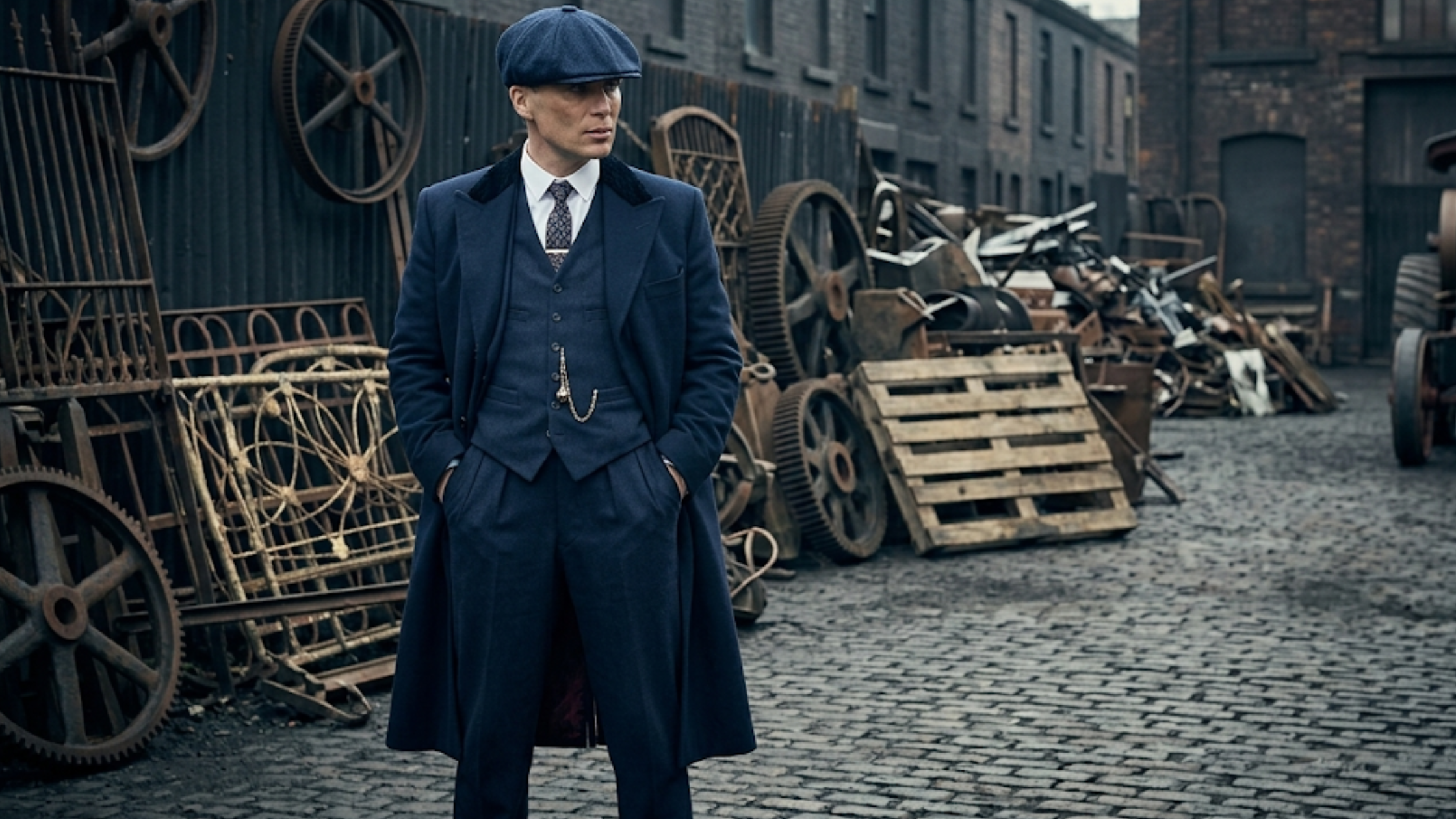 Peaky Blinders Tommy Shelby navy blue wool overcoat with velvet collar, long structured vintage silhouette, classic British tailoring inspired by Cillian Murphy