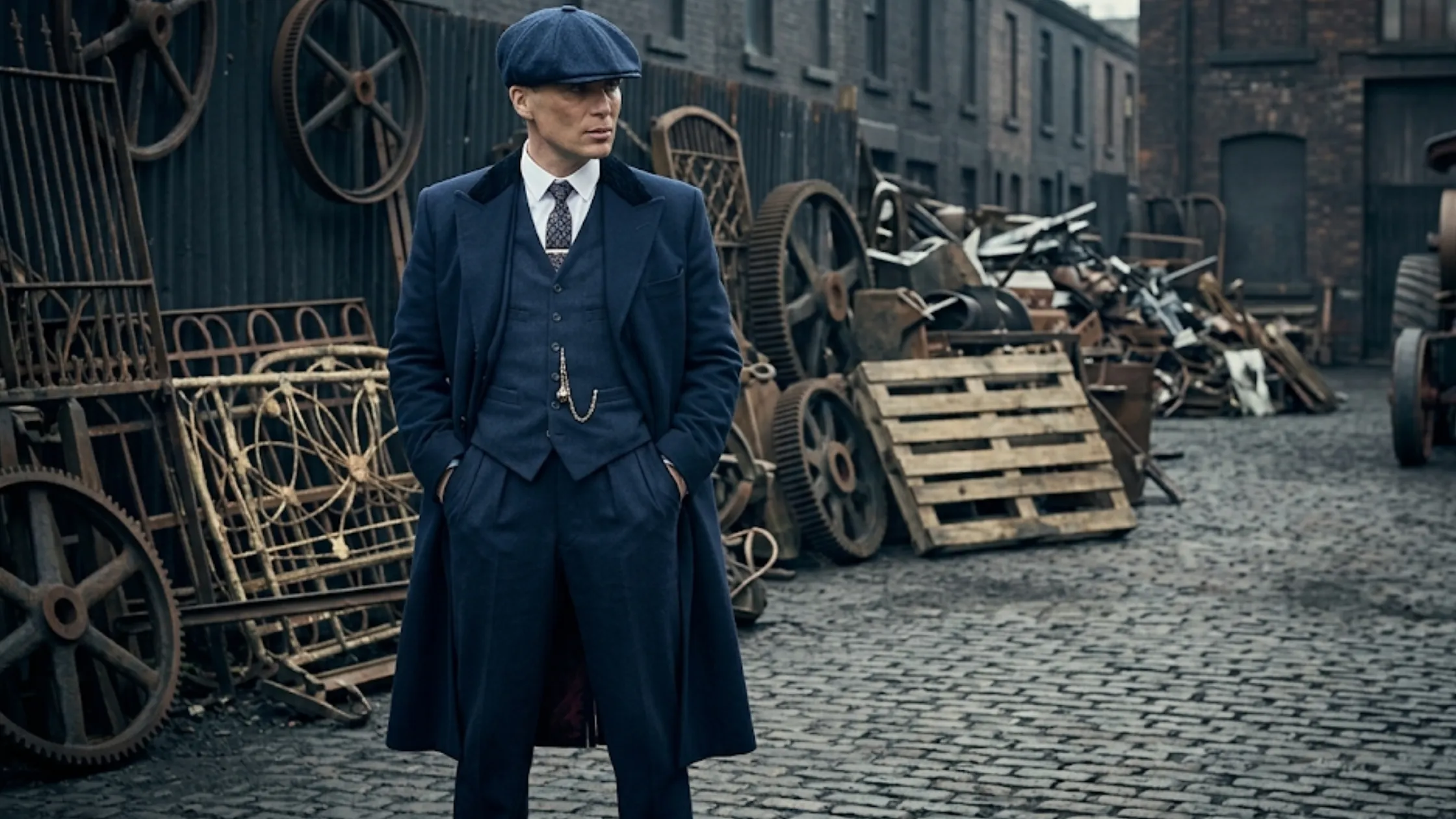 Peaky Blinders Tommy Shelby navy blue wool overcoat with velvet collar, long structured vintage silhouette, classic British tailoring inspired by Cillian Murphy