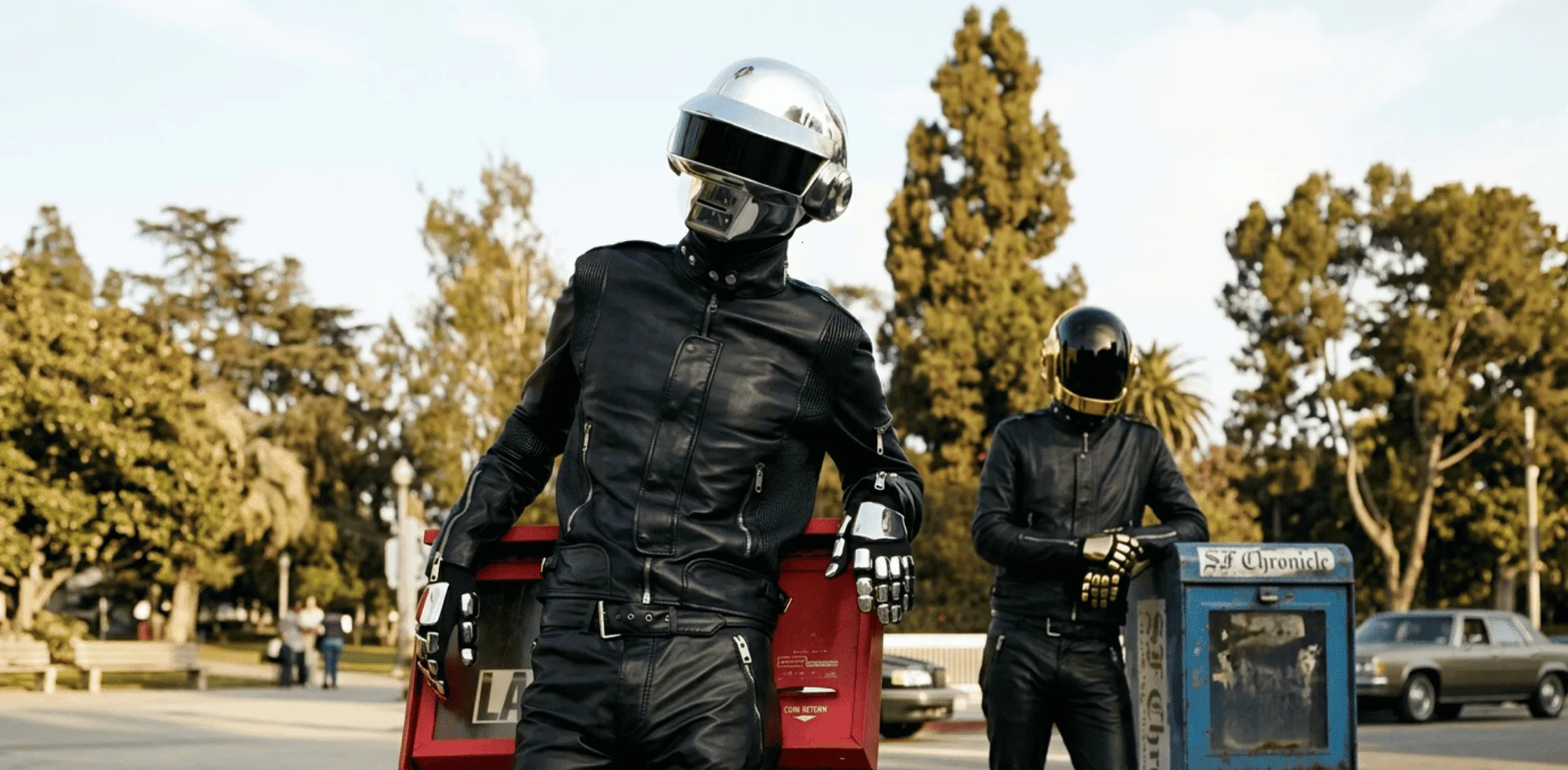 Daft Punk Electroma black leather biker jacket with futuristic cyber-inspired design, structured silhouette, and metallic zipper detailing