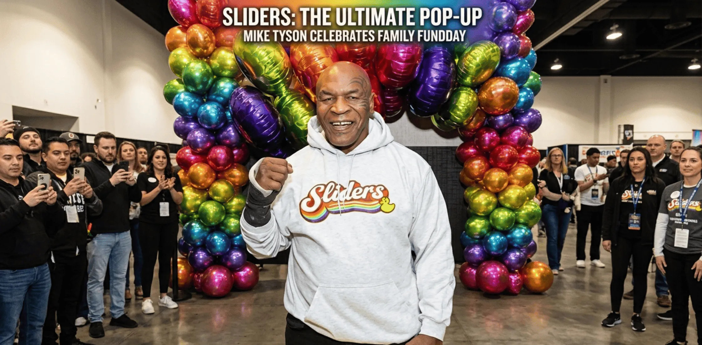 Mike Tyson wearing oversized grey Rainbow Sliders hoodie with colorful retro graphic design, rainbow stripe, and casual streetwear style at Sugar Factory event