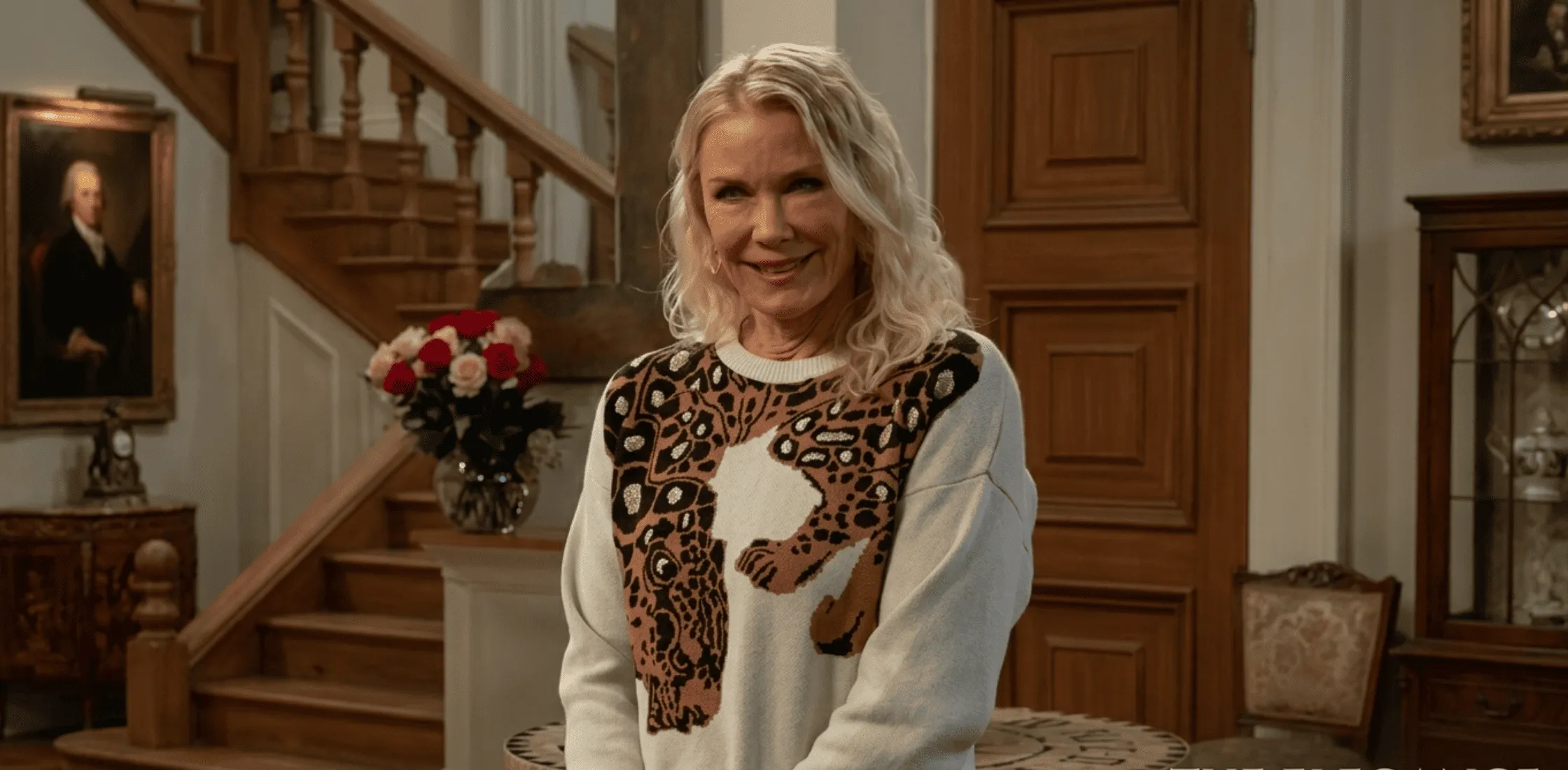Brooke Logan Bold and the Beautiful leopard graphic cream sweater with oversized animal print design, cozy knit pullover inspired by TV drama fashion