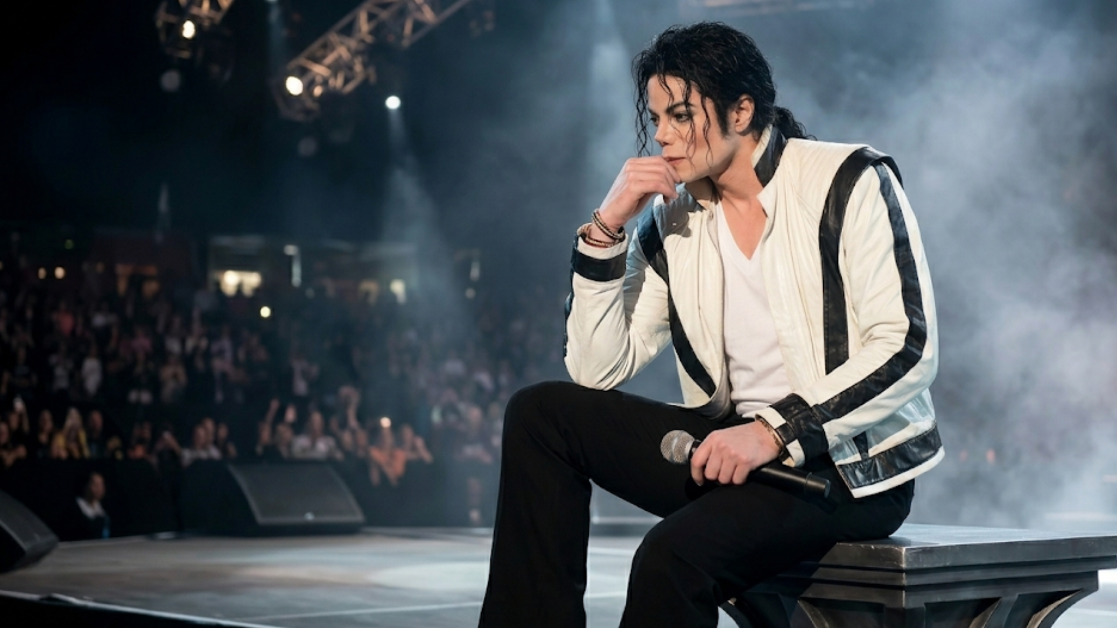 Michael Jackson white Thriller jacket with black V-shaped chest panel, padded shoulders, and aviator-style detailing