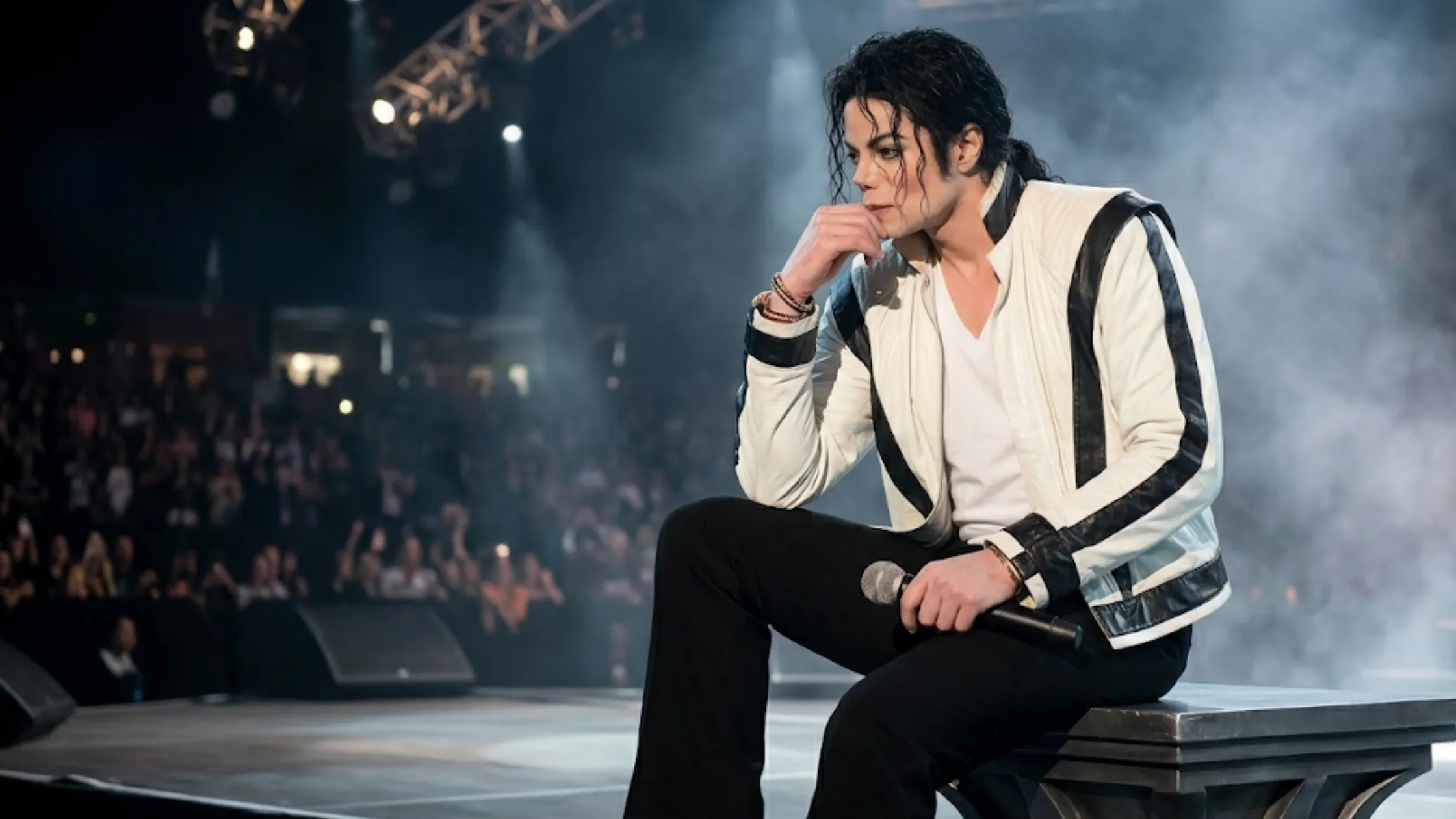 Michael Jackson white Thriller jacket with black V-shaped chest panel, padded shoulders, and aviator-style detailing
